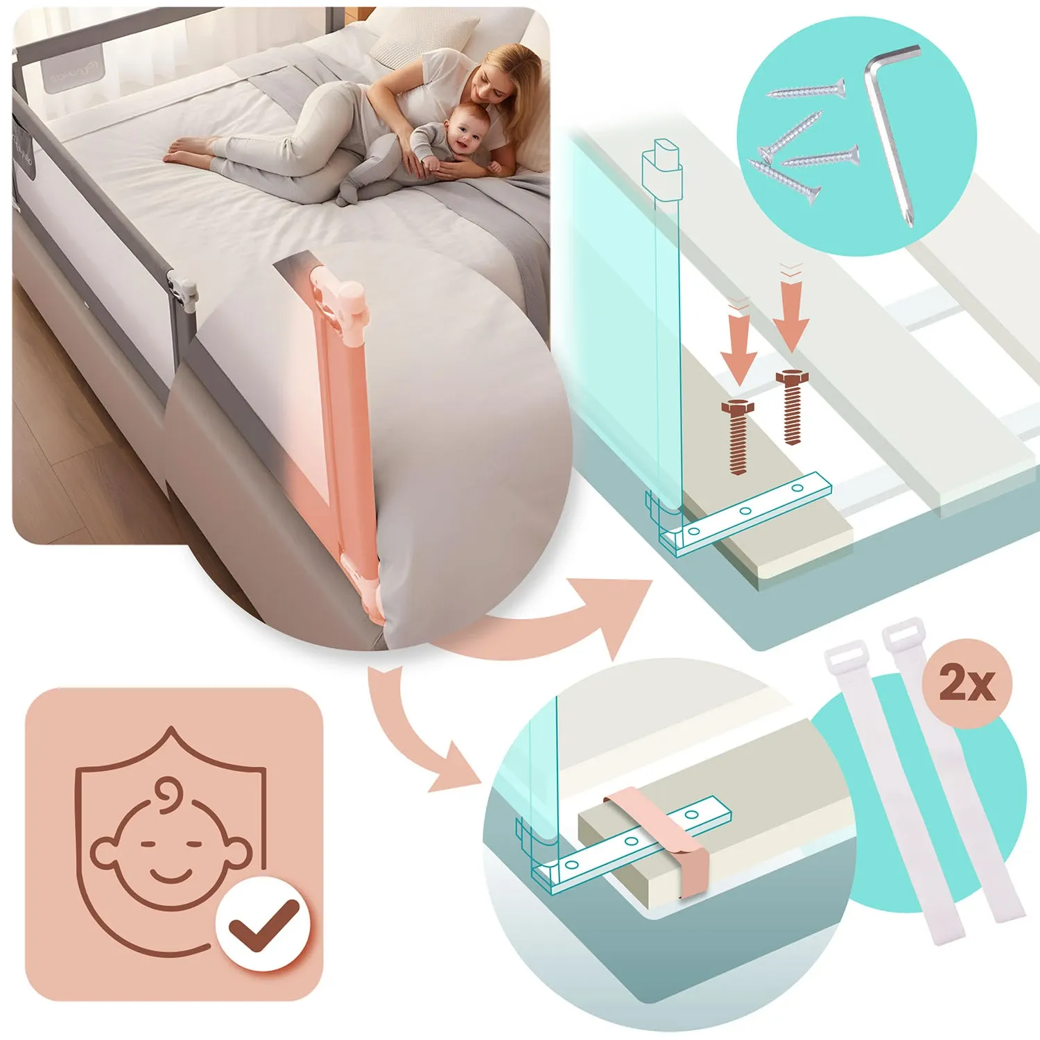 Lovos apsauginis turėklas, apsauginiai varteliai, spyna, 200 cm, Nukido NK-227, pilkas - nuotrauka 1