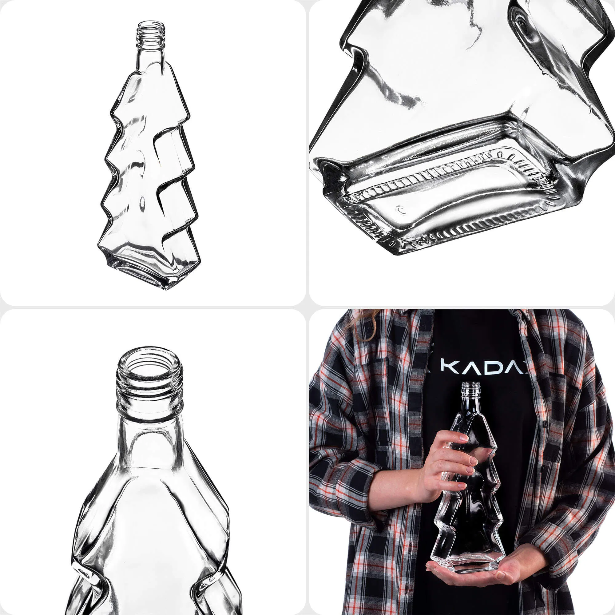 Enna kalėdinės eglutės formos stiklinis butelis 500 ml su raudonu dangteliu 1 vnt.