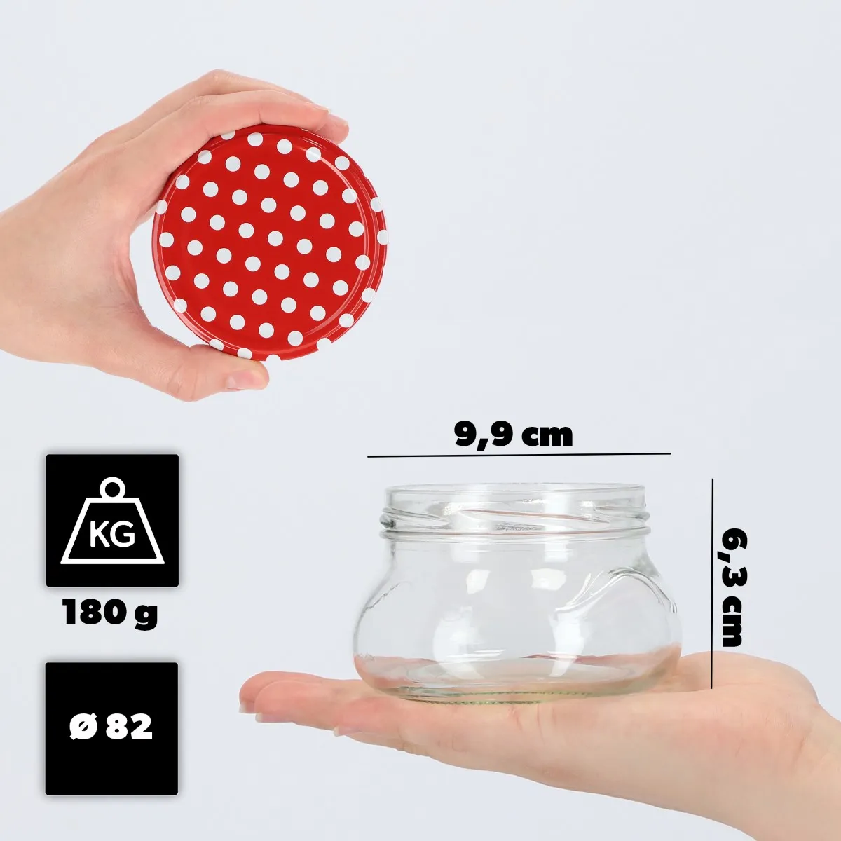 Raja konservavimo stiklainiai 300 ml 10 vnt. 82 mm + dangteliai „Raudonieji žirneliai“
