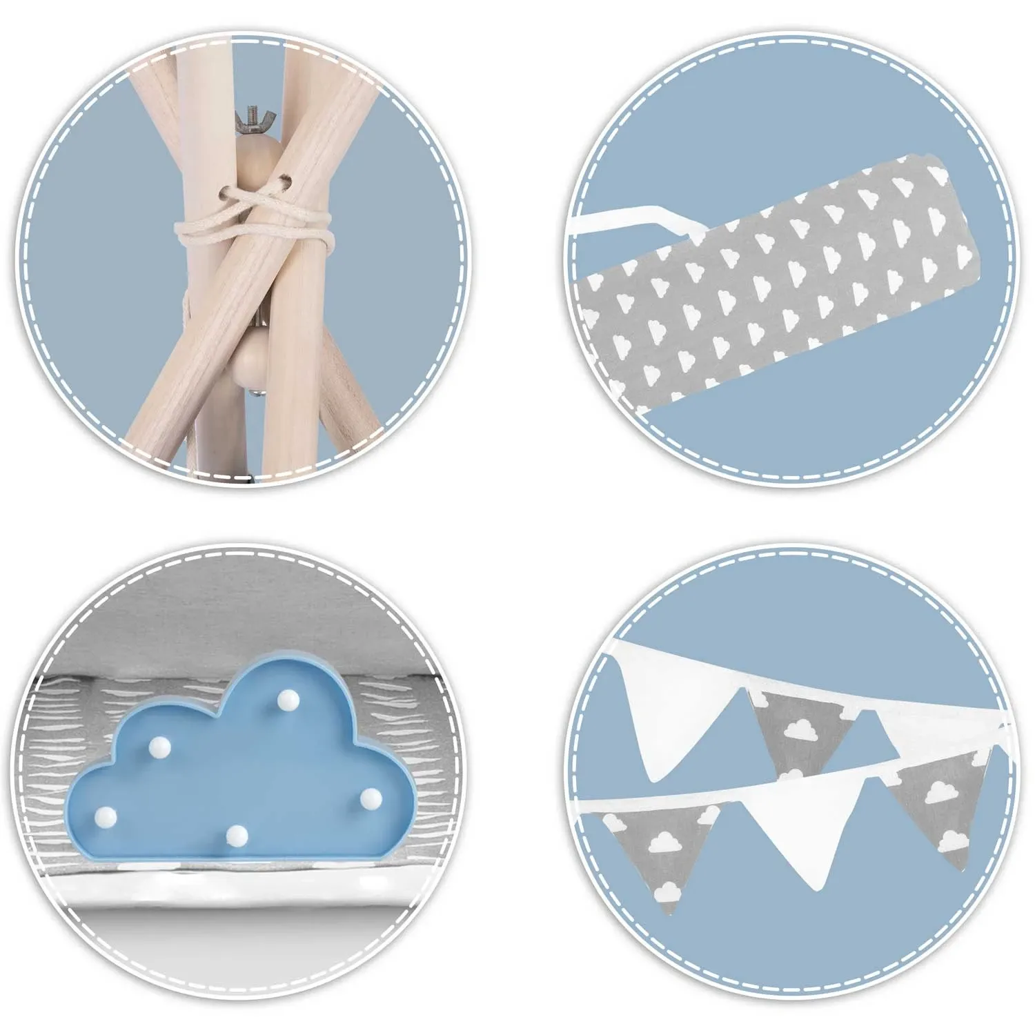 Vaikiška tipi palapinė su girlianda ir lemputėmis - šviesiai pilka su debesėliais - nuotrauka 1