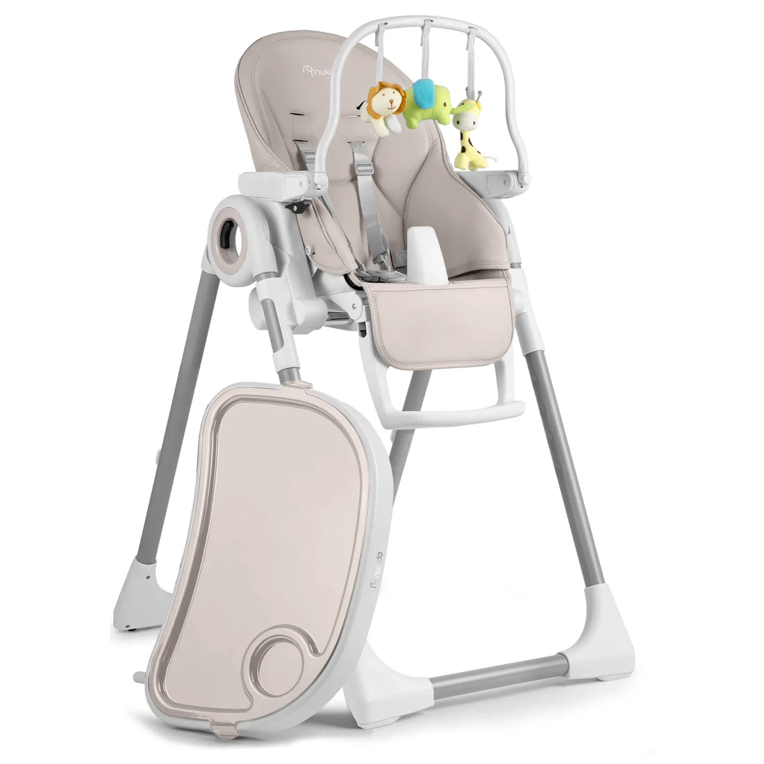 Vaikiška maitinimo kėdutė su staliuku, Belo batutas, pilkas + žaislų laikiklis - nuotrauka 1