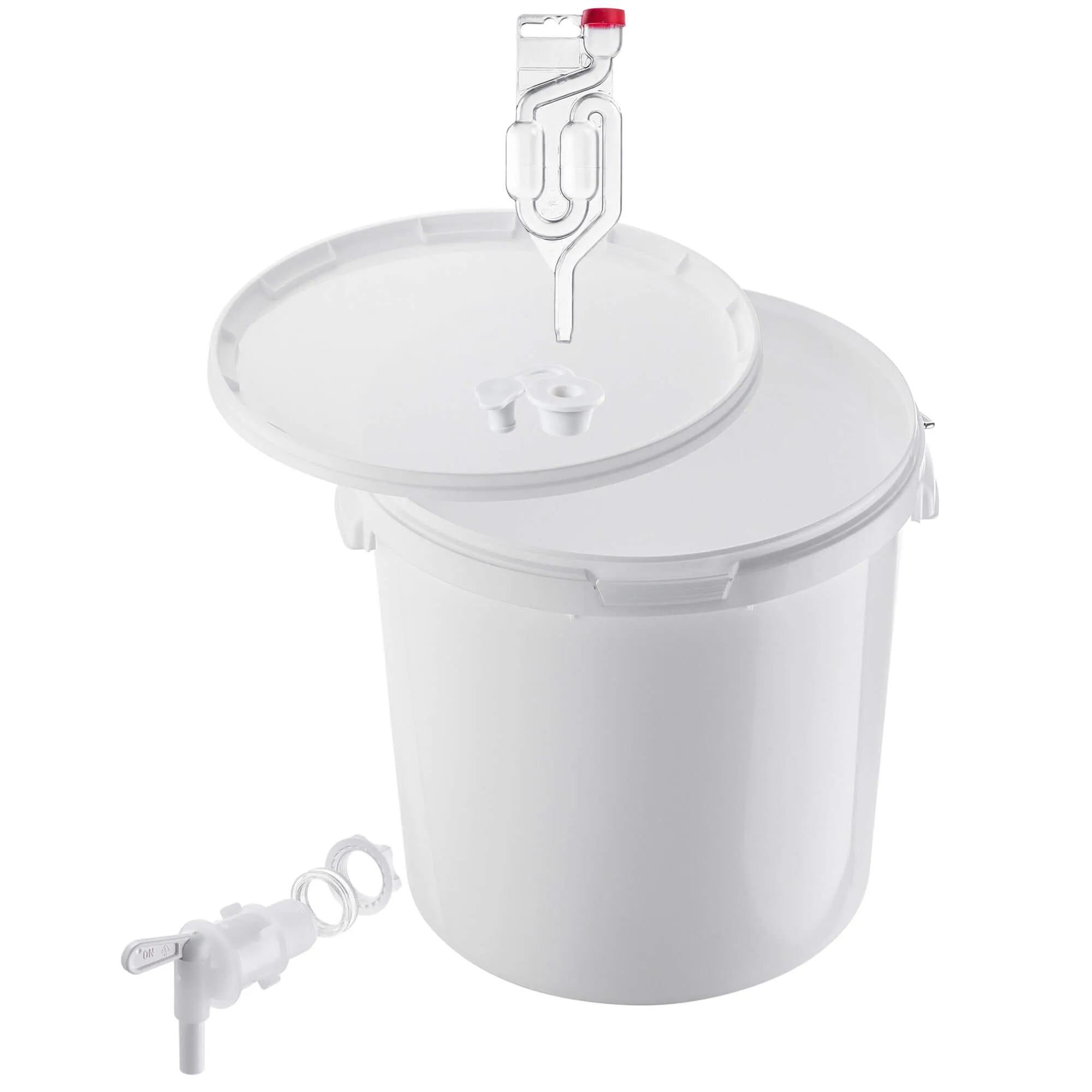 Acerra fermentacijos indas su dangčiu ir rankena, 20 l, baltas + čiaupas + kamštis + fermentacijos šliuzas