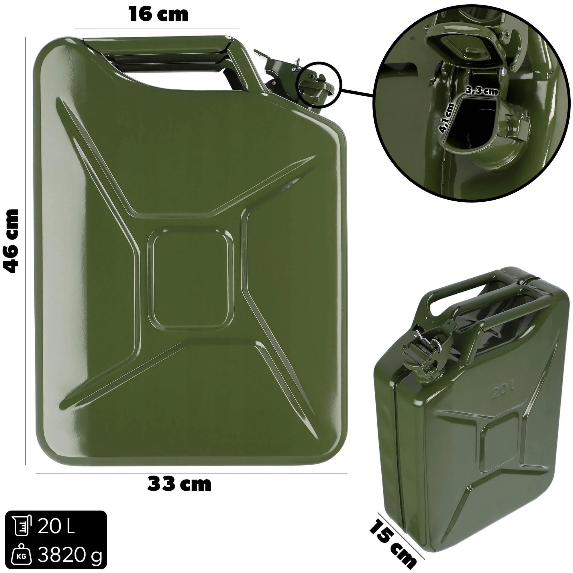 Plieninis kuro kanistras su 3 rankenomis, 20 l + piltuvėlis 31 cm, žalias