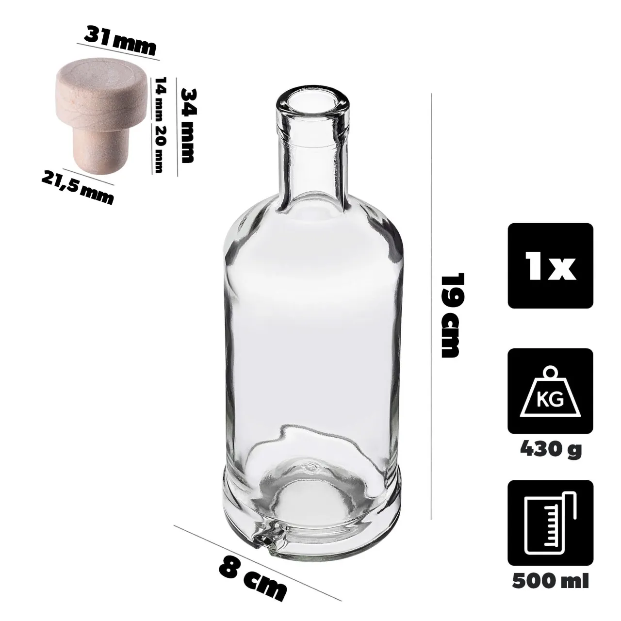 Tadek stiklinis alkoholio butelis 500 ml su sintetiniu kamščiu 1 vnt.