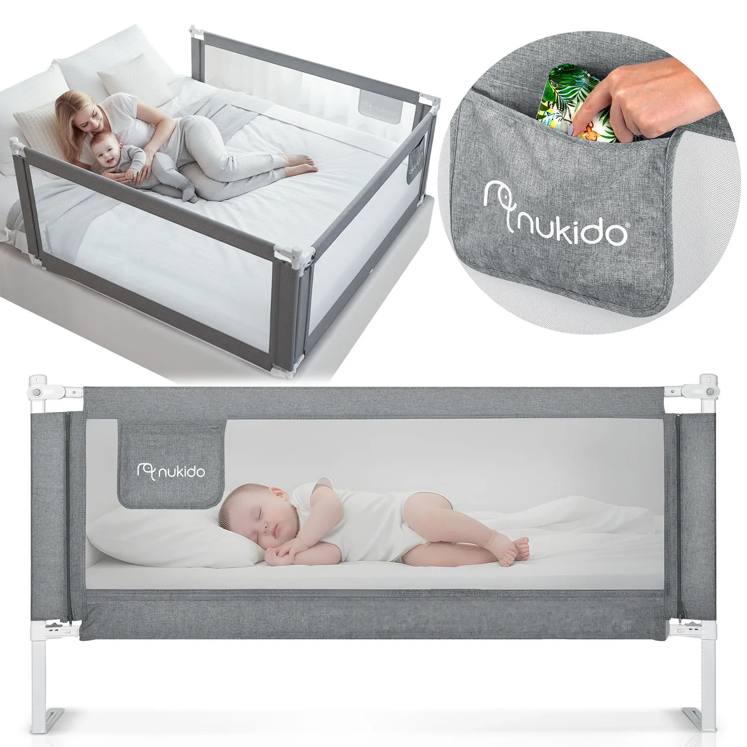 Lovos apsauginis turėklas, apsauginiai varteliai, spyna, 200 cm, Nukido NK-227, pilkas - nuotrauka 1