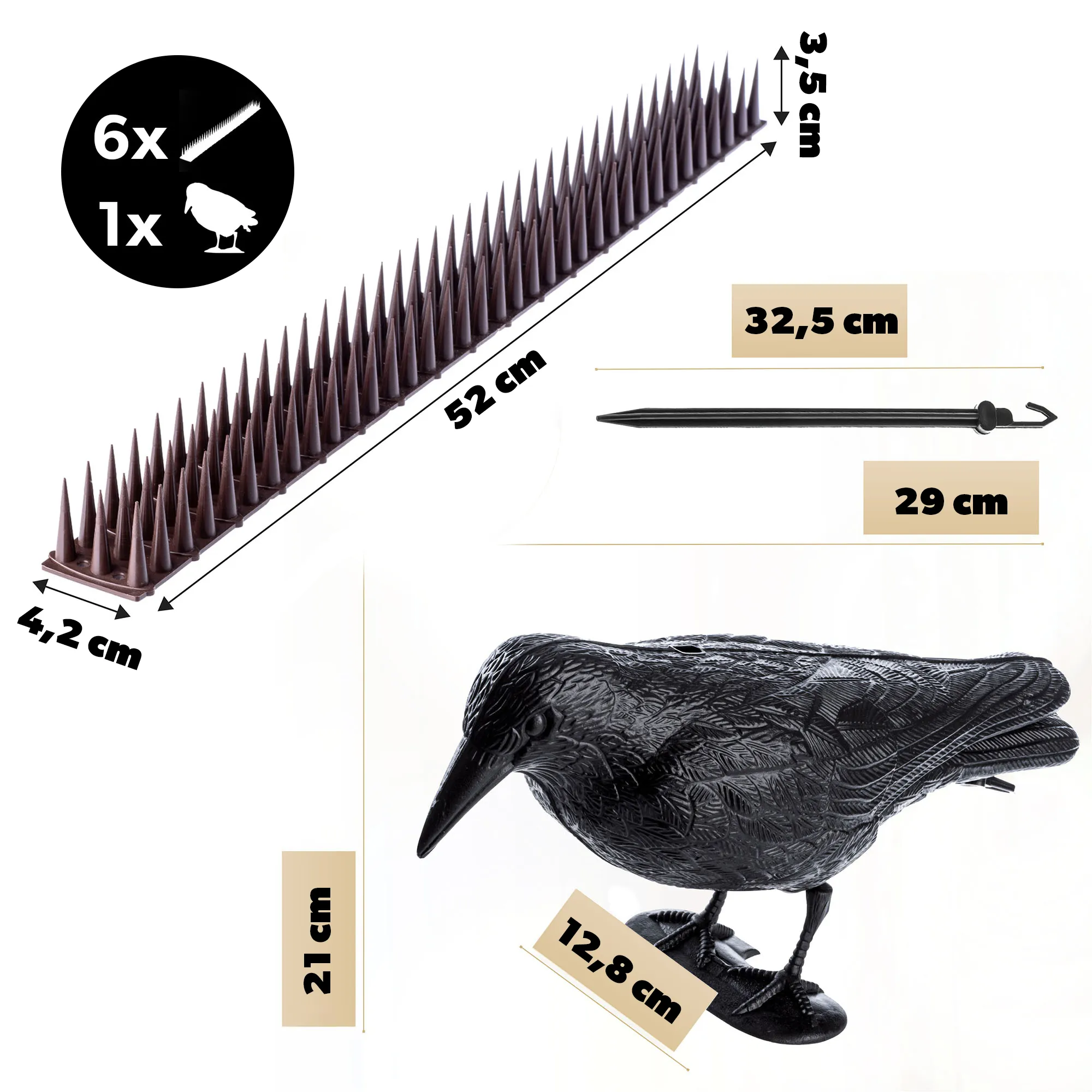 Plastikiniai paukščių spygliai 6 vnt., rudi + varnos formos
