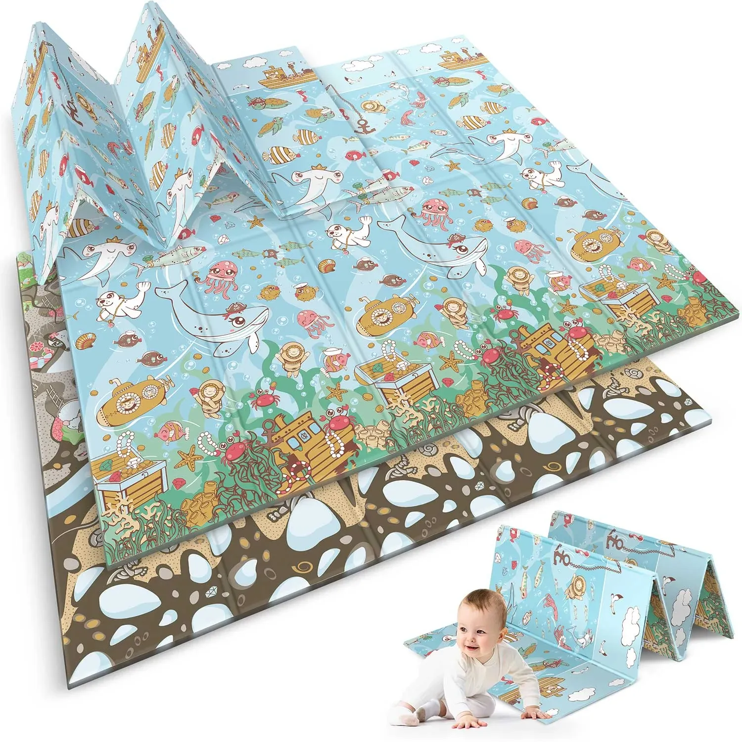 Sulankstomas edukacinis putplasčio kilimėlis 200 x 180 x 1 cm Nukido NK-340 vandenyno-žemės spalvos - nuotrauka 1