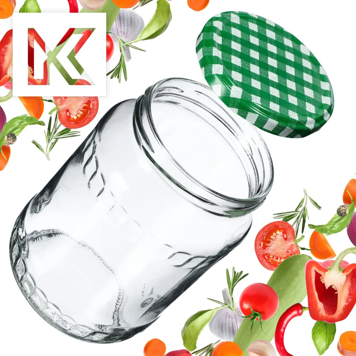 Jukka konservavimo stiklainiai 720 ml, 24 vnt., 82 mm + žalios grotelės dangteliuose