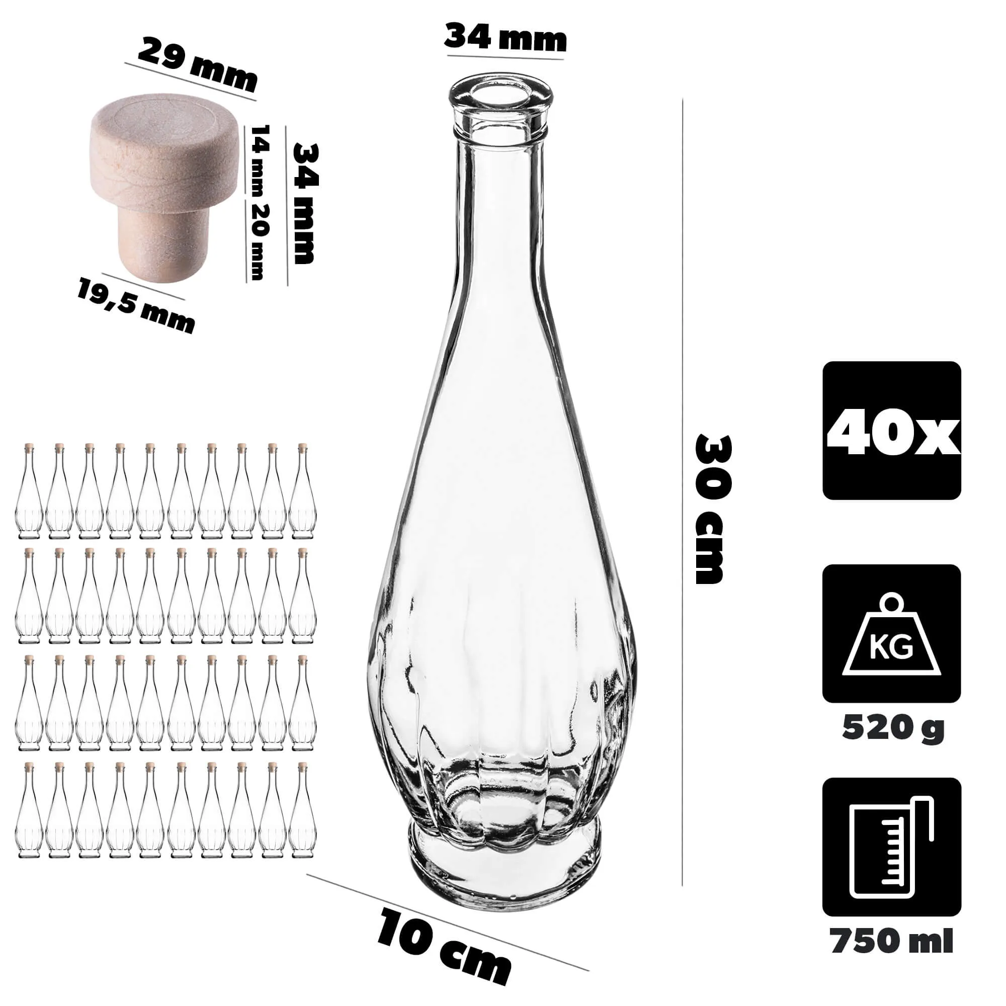 „Cona“ stiklinis tinktūros buteliukas 750 ml su sintetiniu kamščiu, 40 vnt.