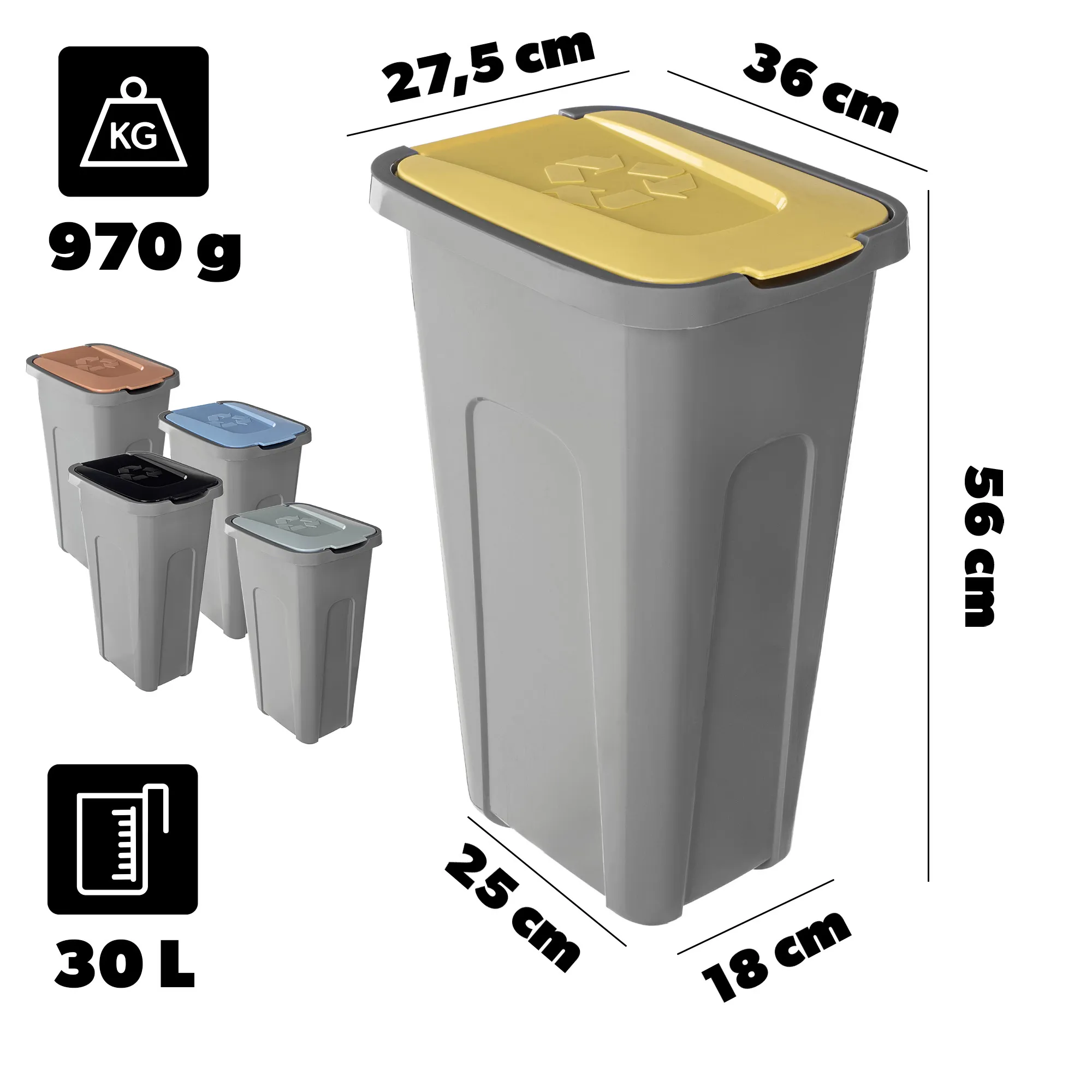 30 litrų šiukšliadėžių rinkinys geltonos, žalios, rudos, mėlynos, juodos spalvos