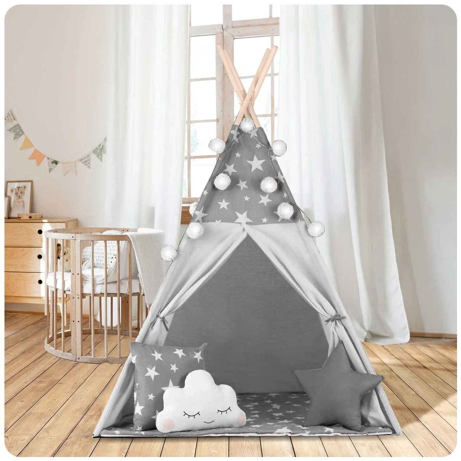 Nukido tipi palapinė vaikams su girlianda ir lemputėmis - pilka su žvaigždėmis - nuotrauka 1