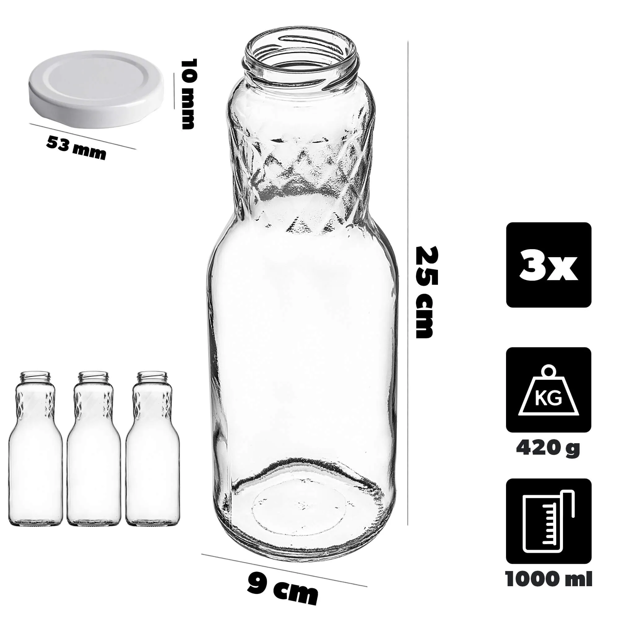 Stikliniai buteliai Sorga sultims 1L + dangteliai FI53 auksiniai 3 vnt.