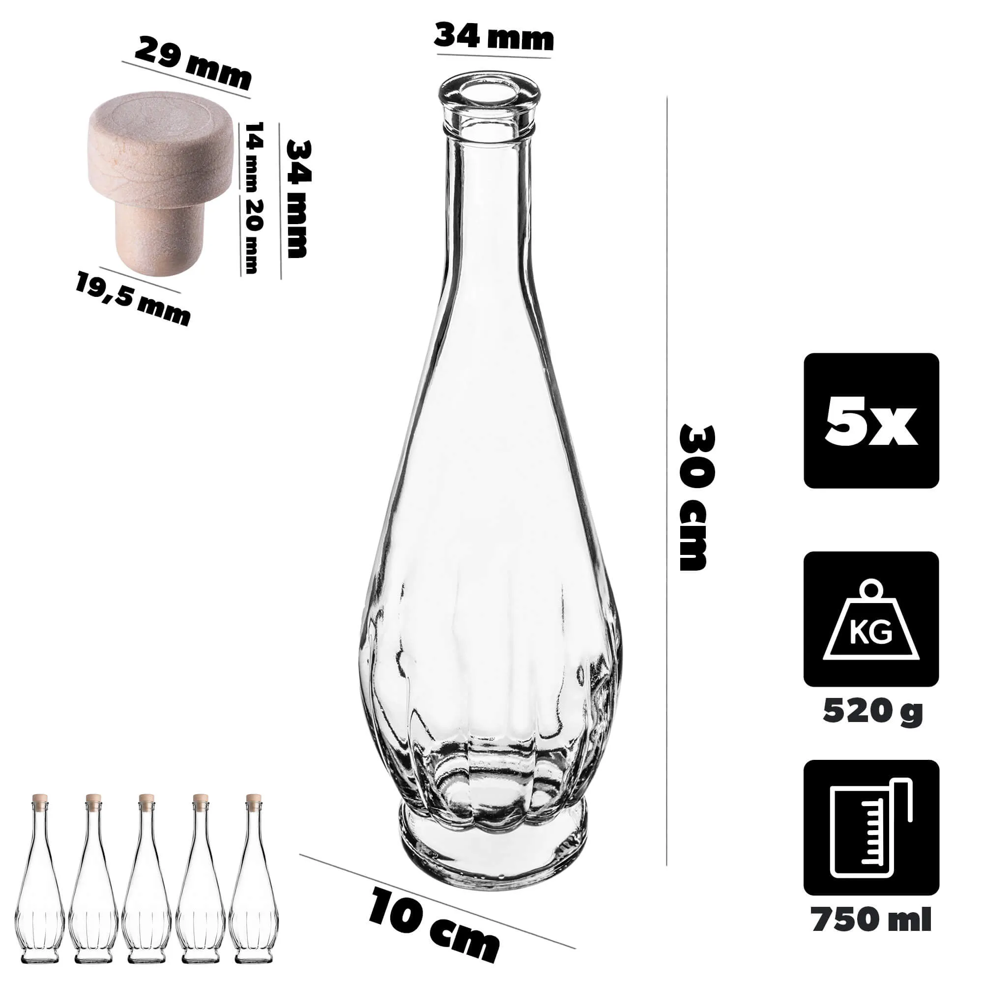 „Cona“ stiklinis tinktūros buteliukas 750 ml su sintetiniu kamščiu, 5 vnt.