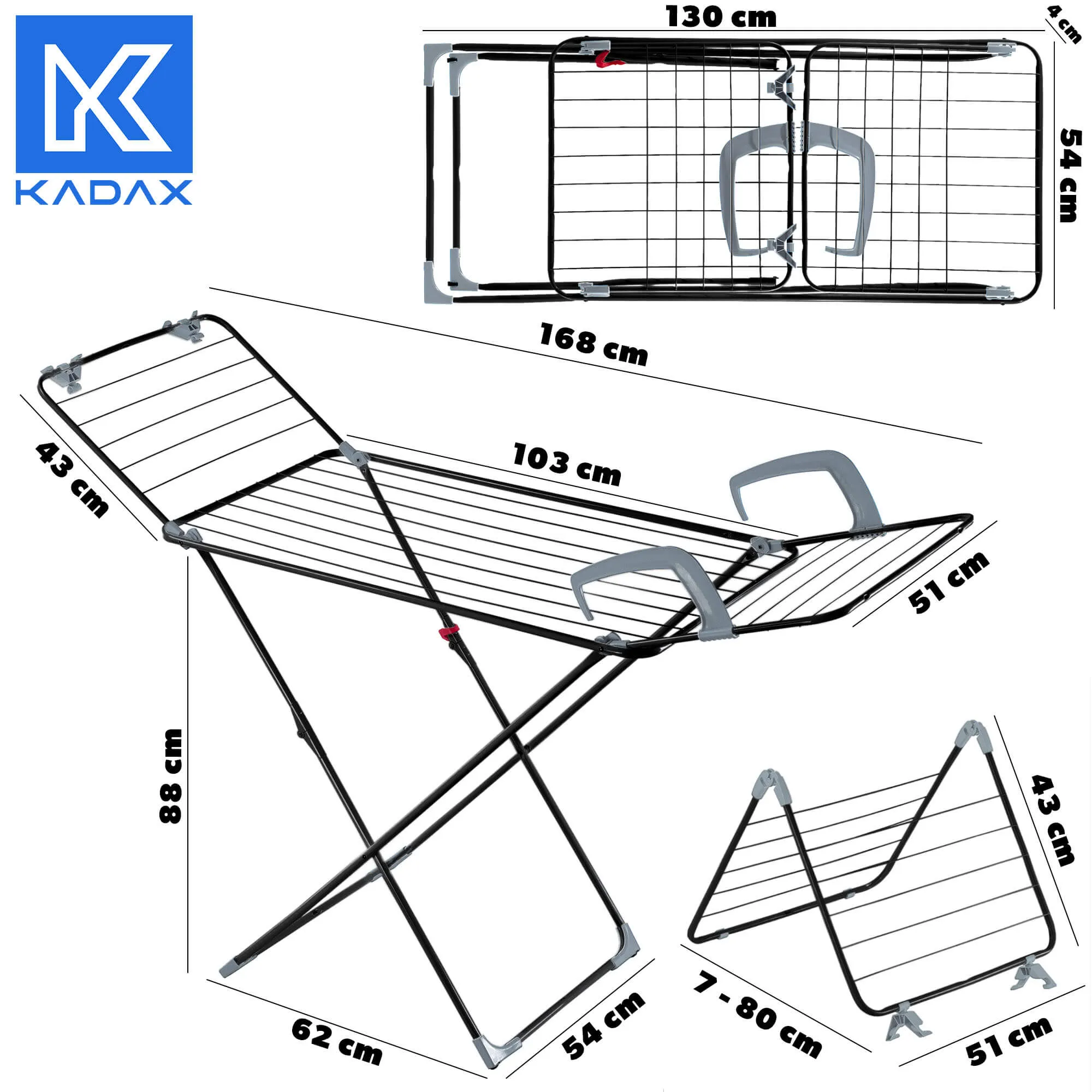 Sava 3 viename pastatoma drabužių džiovyklė, 168 cm, juoda