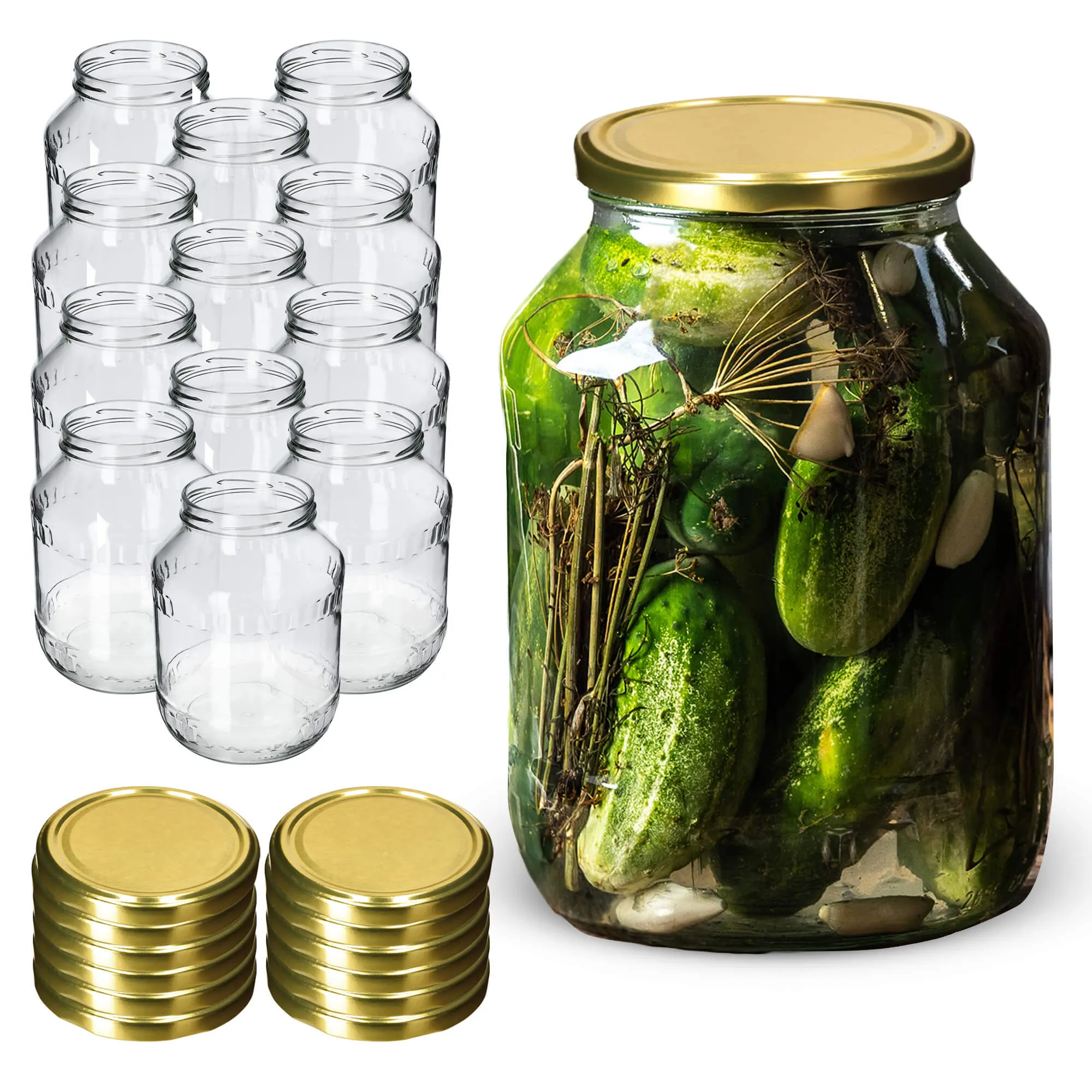 Albi stikliniai indeliai 2,5 l, 100 mm, + auksiniai dangteliai, 12 vnt.