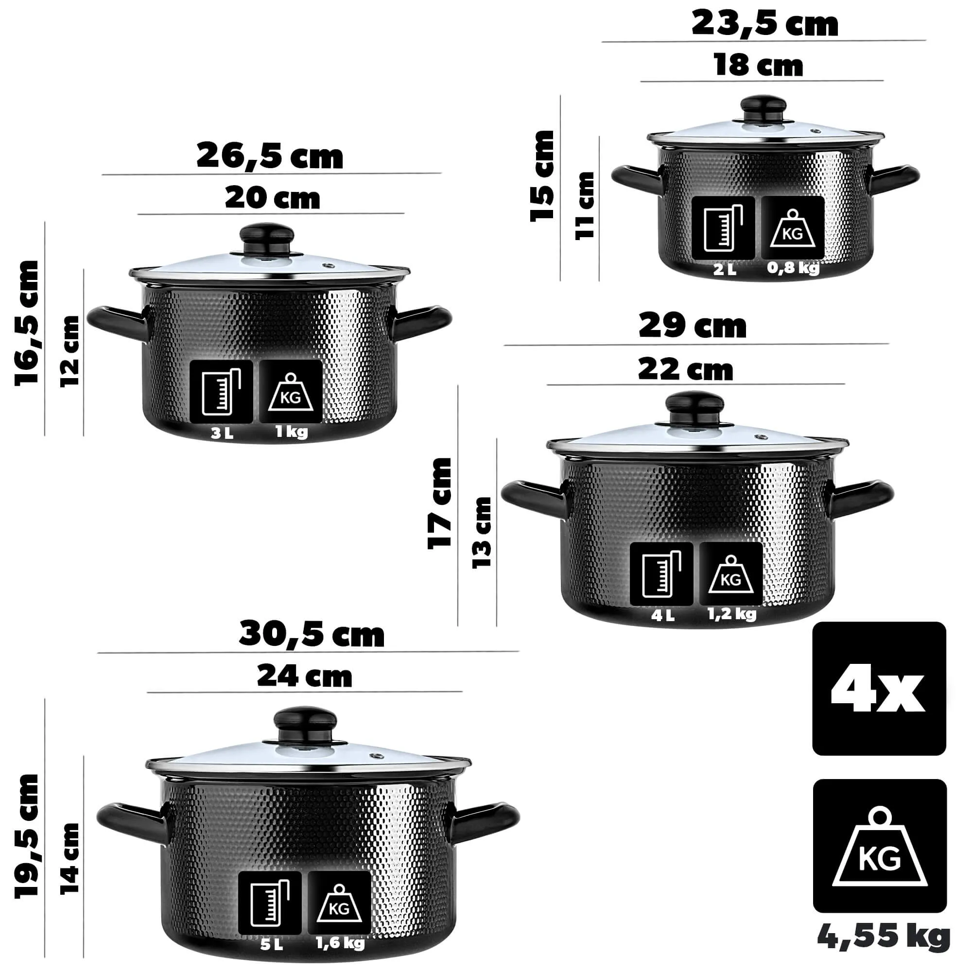 Pruno emaliuotų puodų rinkinys 2L, 3L, 4L, 5L juodas
