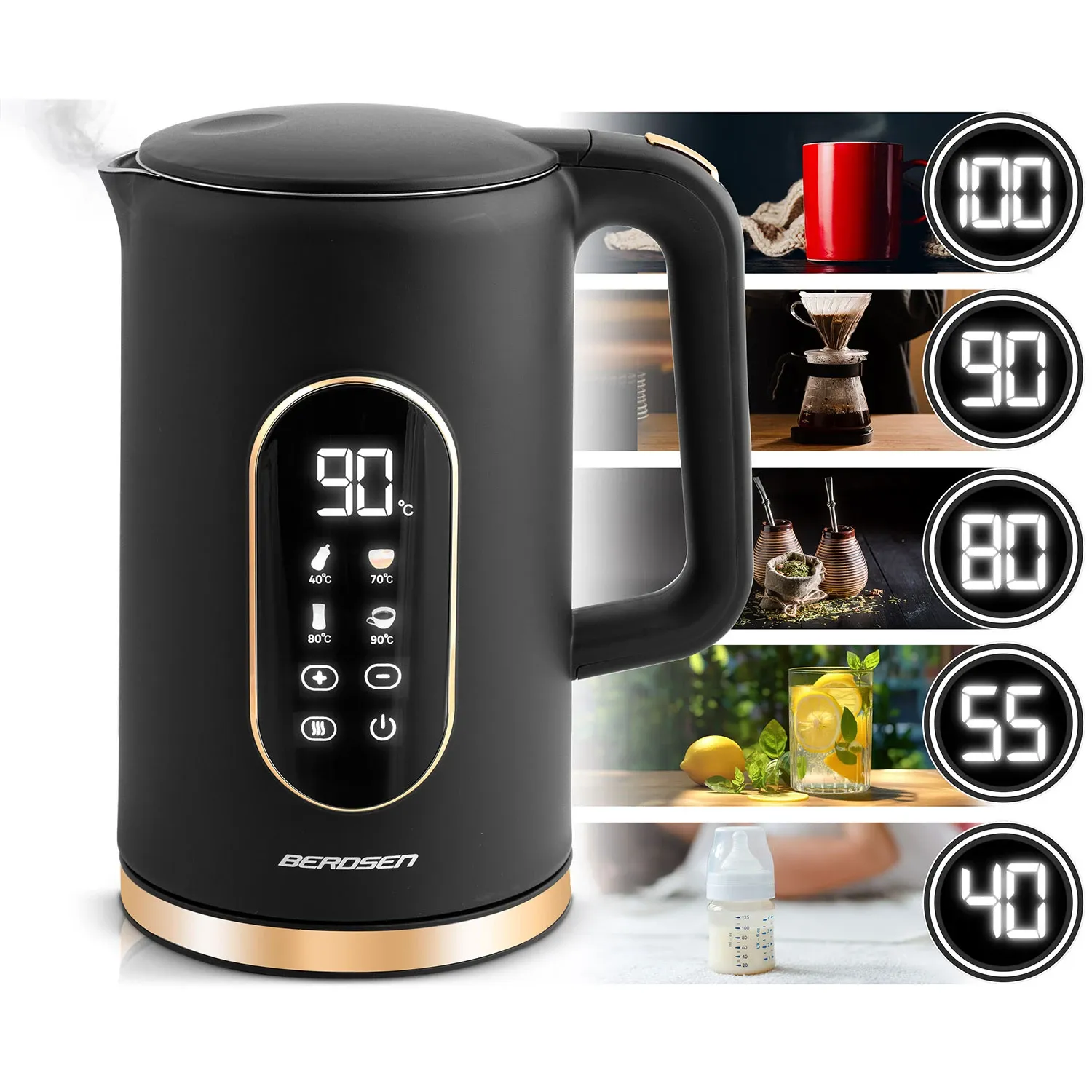 Berdsen BD-712 1,7 l elektrinis virdulys, juodos ir auksinės spalvos - nuotrauka 1