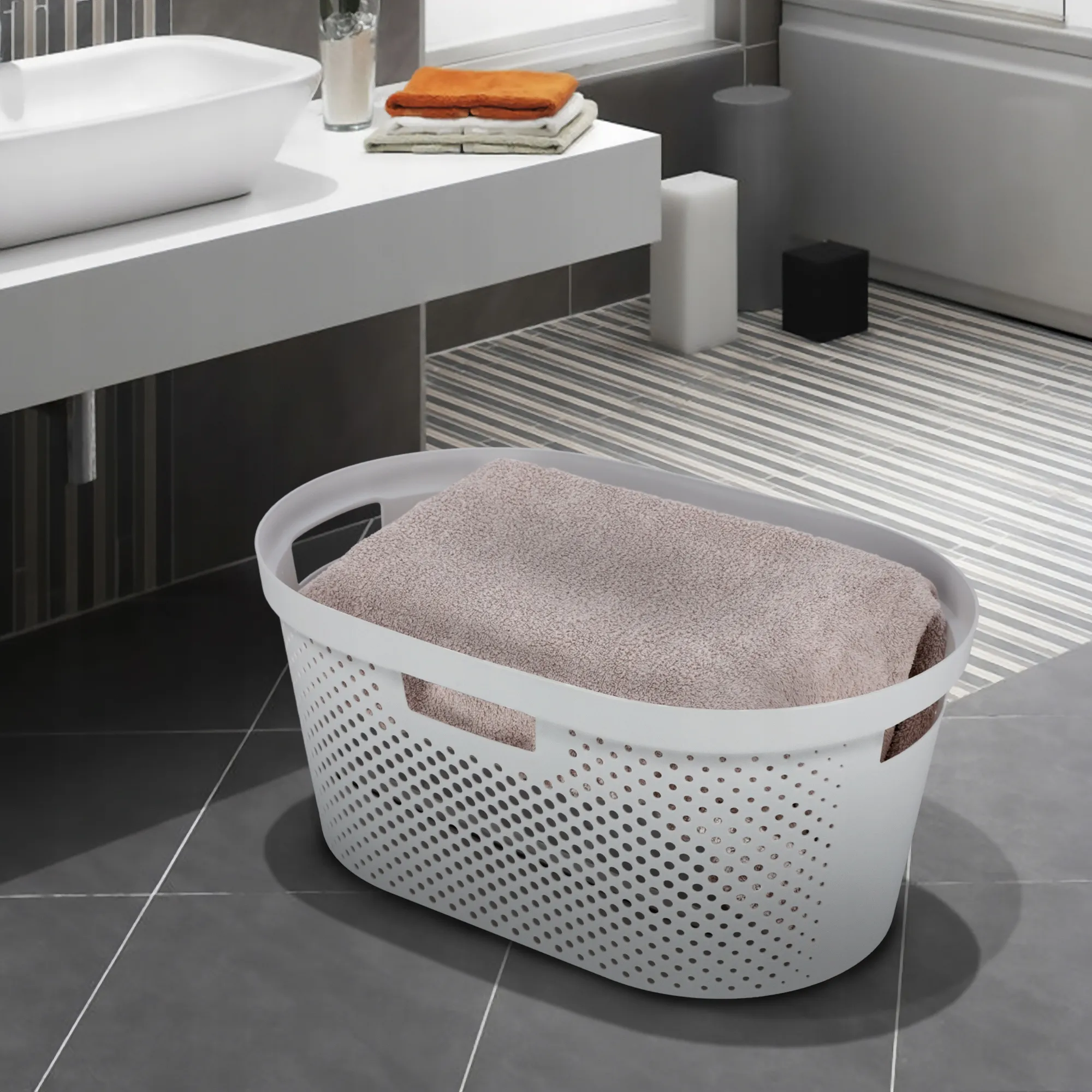 60 litrų krepšys su dangčiu + 45 litrų konteineris „Curver Infinity“, šviesiai pilkas