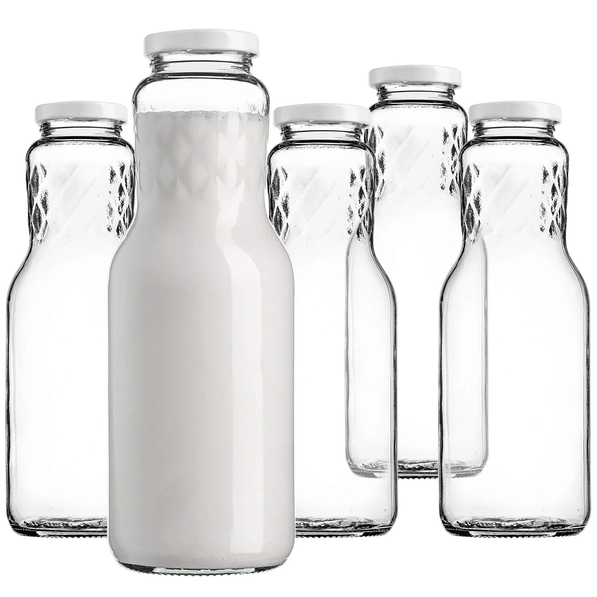 „Corlo“ stikliniai pieno buteliukai 1 l su baltu dangteliu, 53 mm skersmens, 5 vnt.