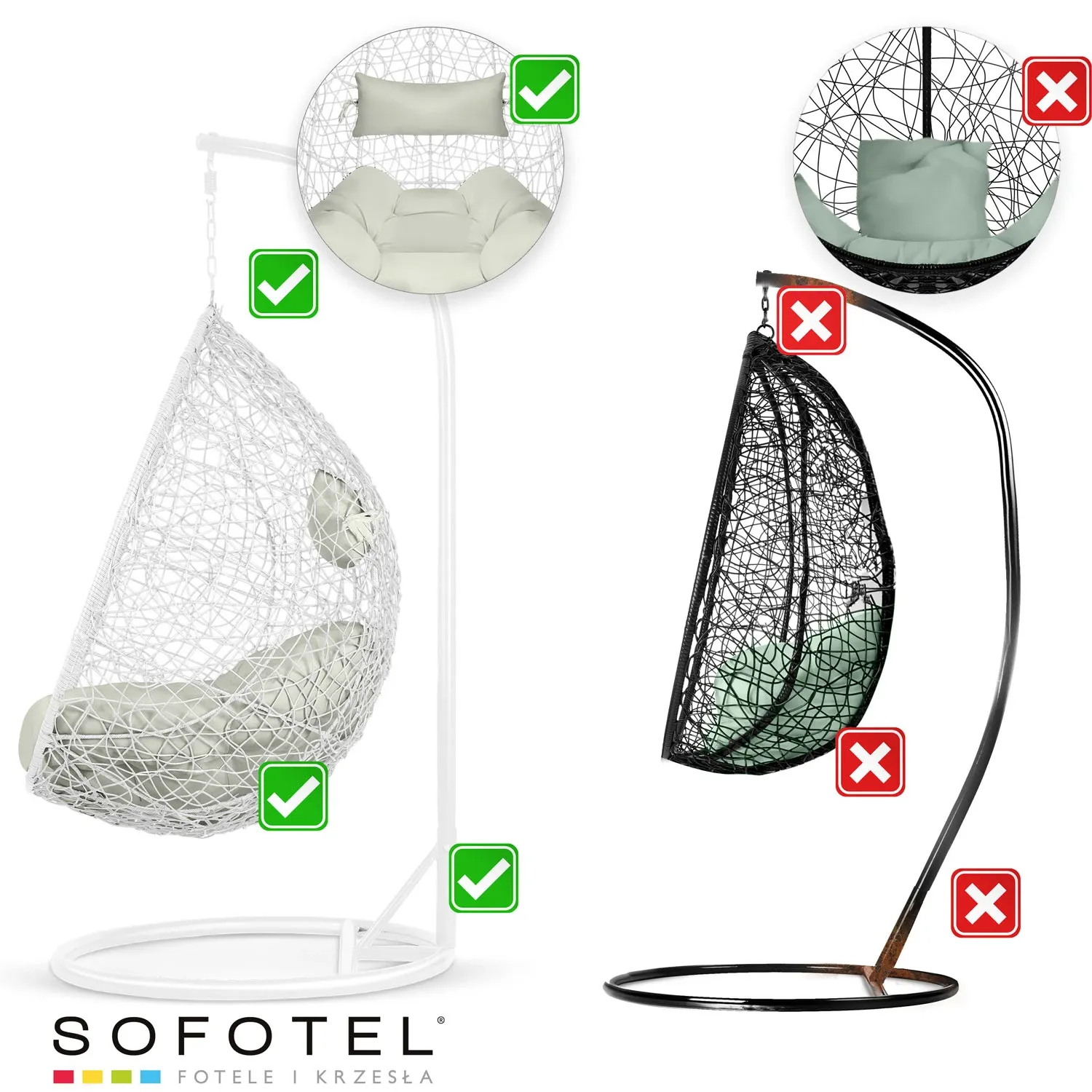 Brava pakabinama sodo kėdė, balta + Sofotel pilkos pagalvėlės - nuotrauka 1