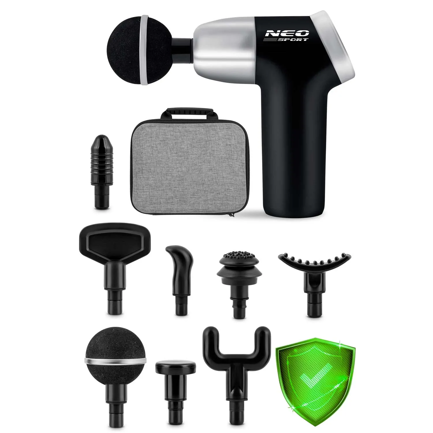 Kūno masažo pistoletas NS-500 Neo-sport, juodas, 8 antgaliai - nuotrauka 1