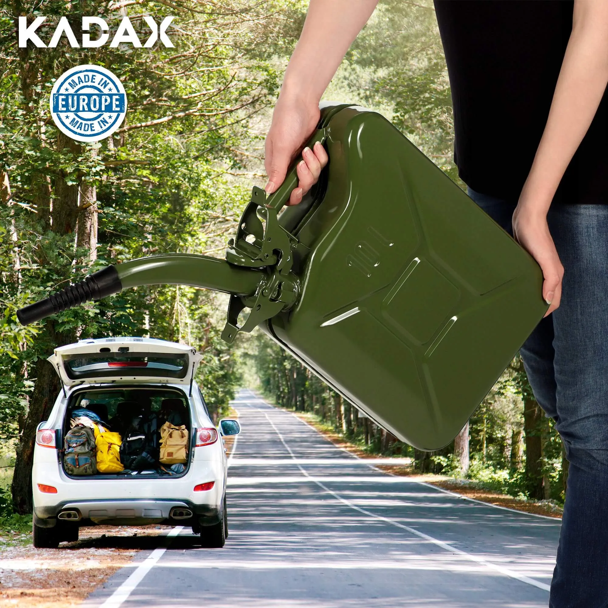 Plieninis kuro kanistras su 3 rankenomis, 20 l + piltuvėlis 31 cm, žalias