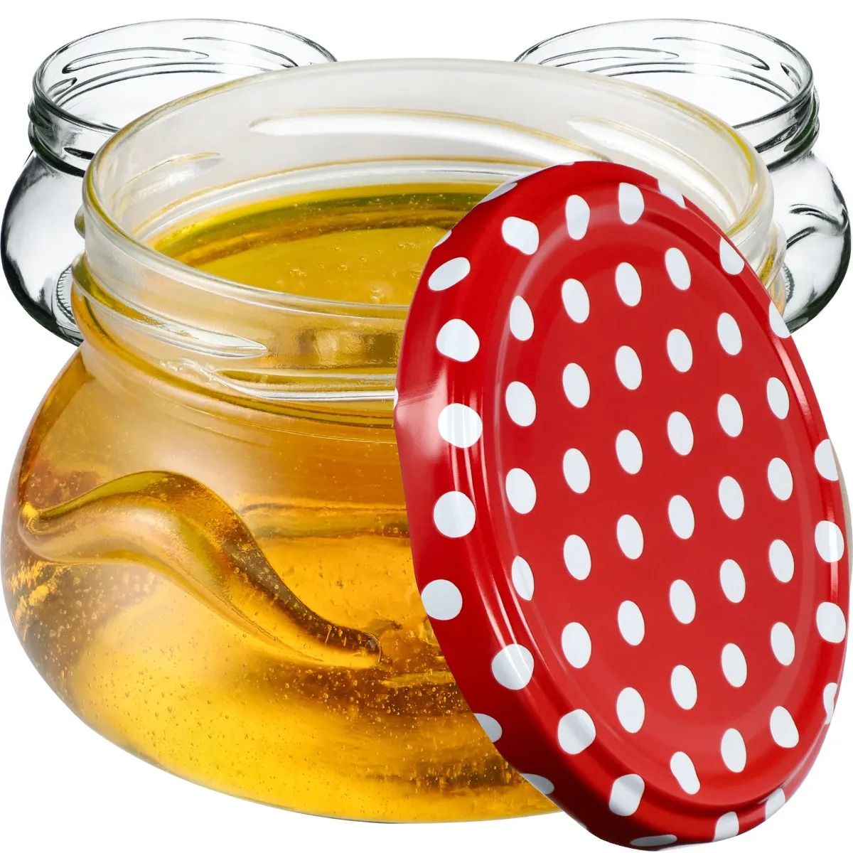 Raja konservavimo stiklainiai 300 ml 10 vnt. 82 mm + dangteliai „Raudonieji žirneliai“
