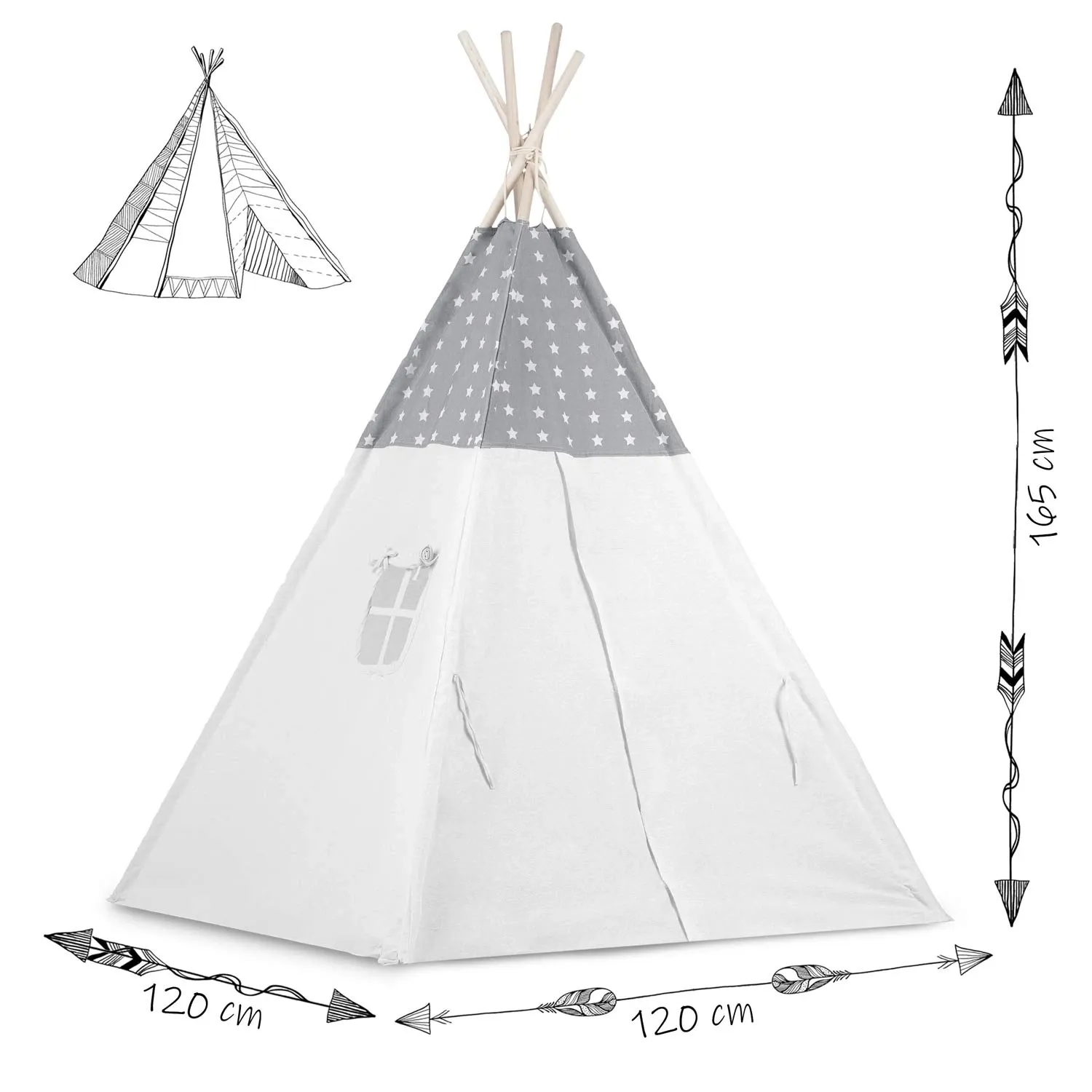 Vaikiška tipi palapinė su girlianda ir lemputėmis - šviesiai pilka su žvaigždutėmis - nuotrauka 1