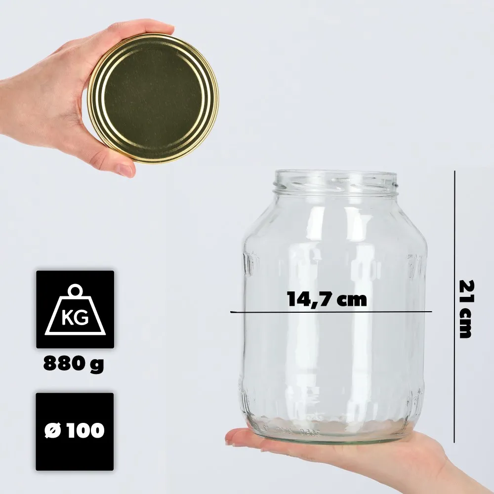 Albi stikliniai indeliai 2,5 l, 100 mm, + auksiniai dangteliai, 12 vnt.