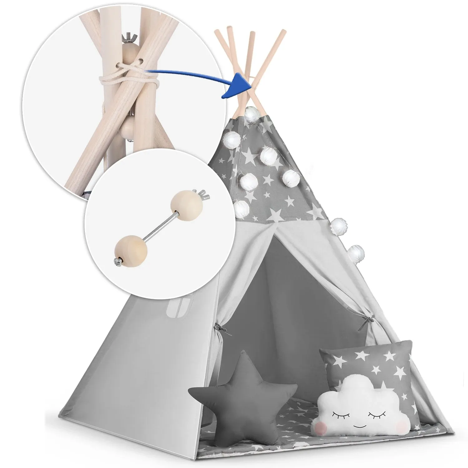 Nukido tipi palapinė vaikams su girlianda ir lemputėmis - pilka su žvaigždėmis - nuotrauka 1