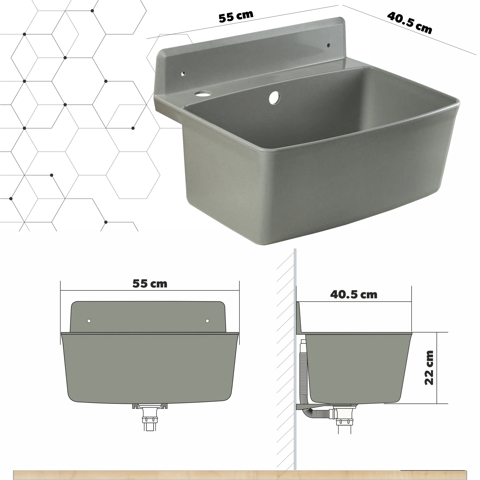 Kaimiško stiliaus kriauklė su lanksčiu „Gospo XXL“ čiaupu, pilka