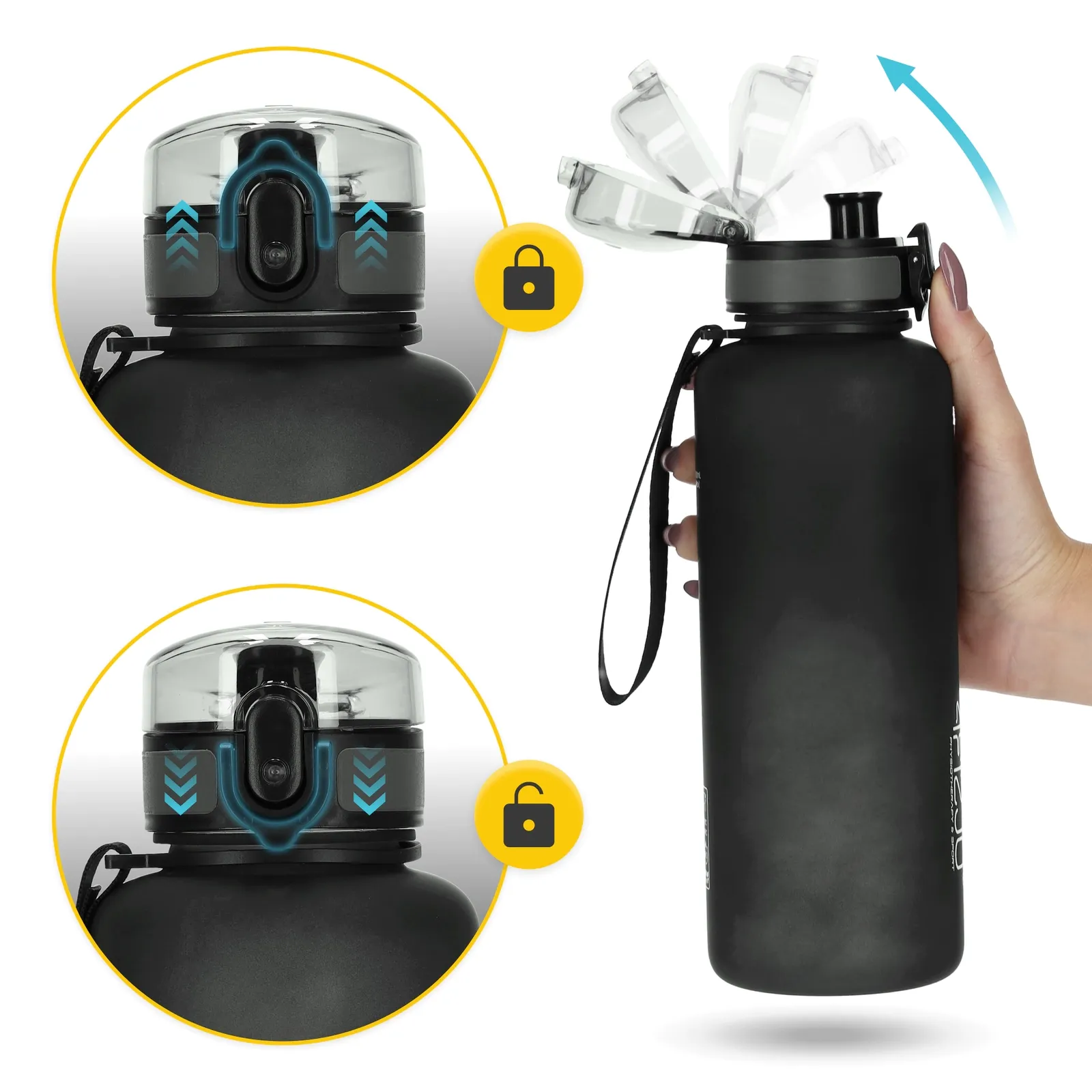 1 l juodas sportinis vandens butelis