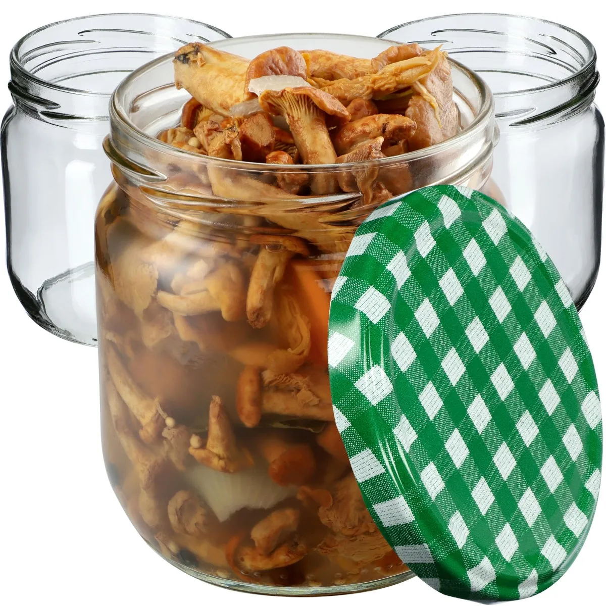 Salla konservavimo stiklainiai 425 ml, 12 vnt., 82 mm + žalios grotelės dangteliuose