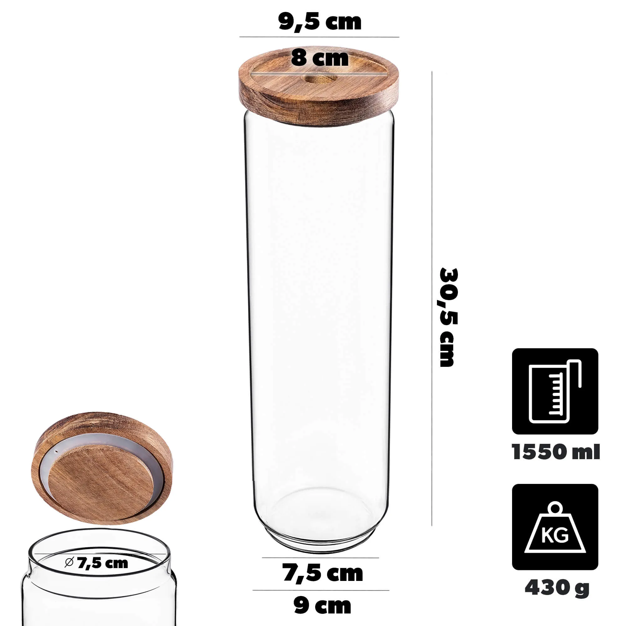 Rucce stikliniai maisto indeliai su mediniu dangteliu, 1550 ml, 3 vnt.