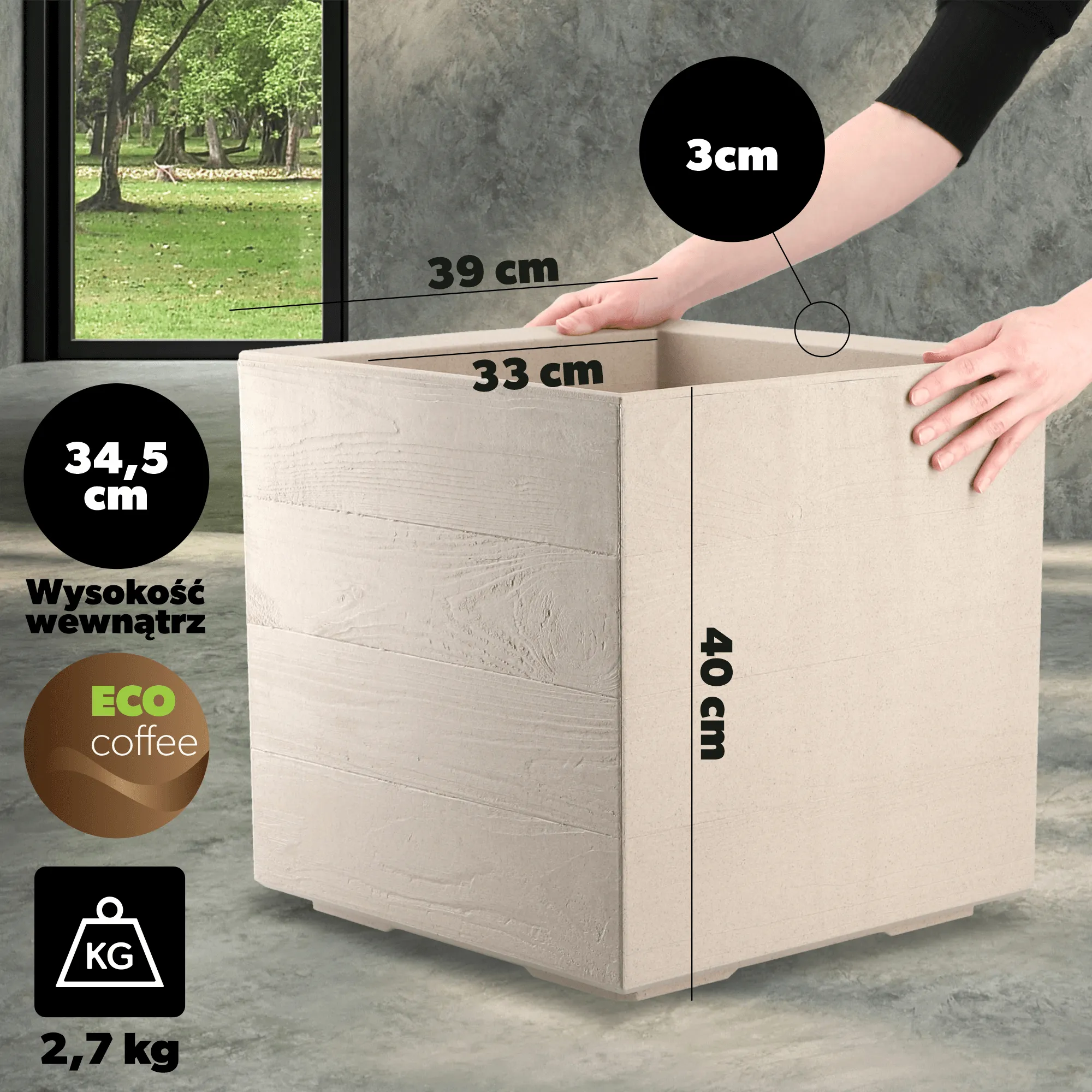 Sūrio vazonas ant ratukų „Deska“ 40 cm šviesiai rudas