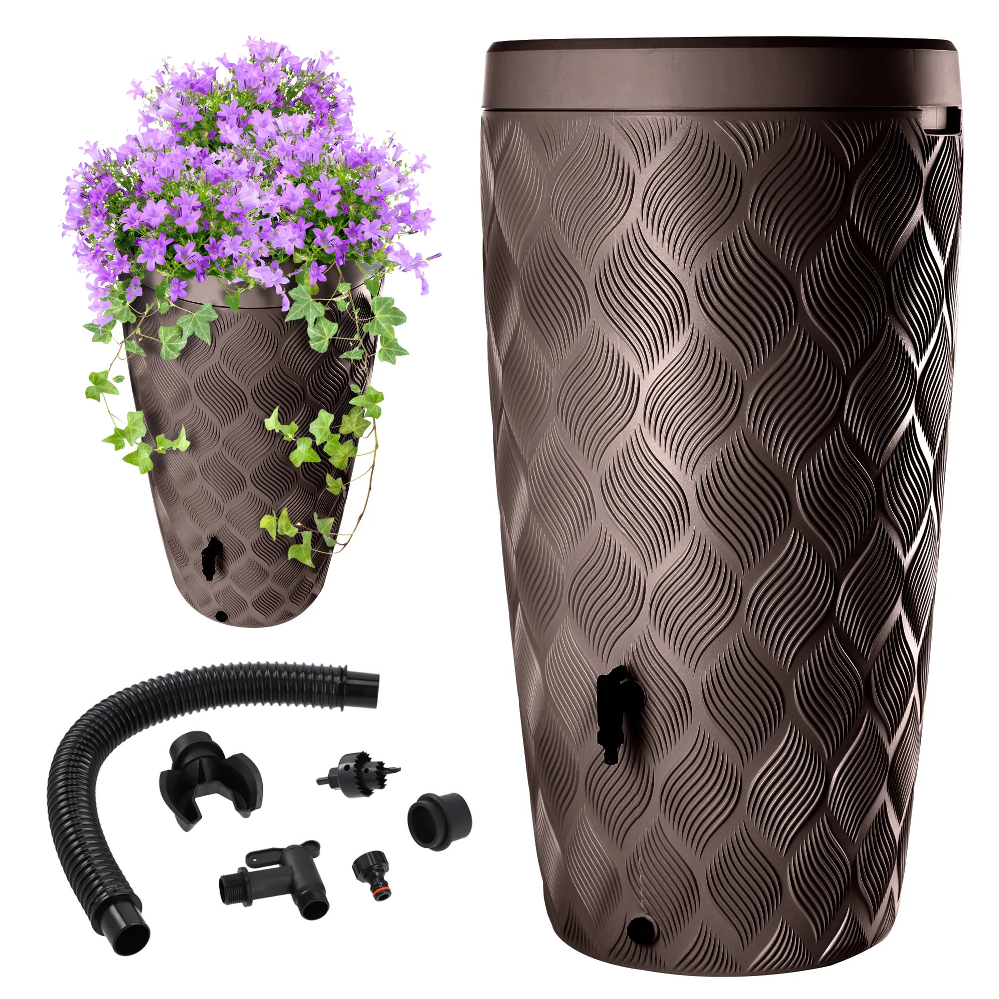 „Reveret“ 240 l lietaus vandens bakas su prijungimo komplektu, rudos bangos