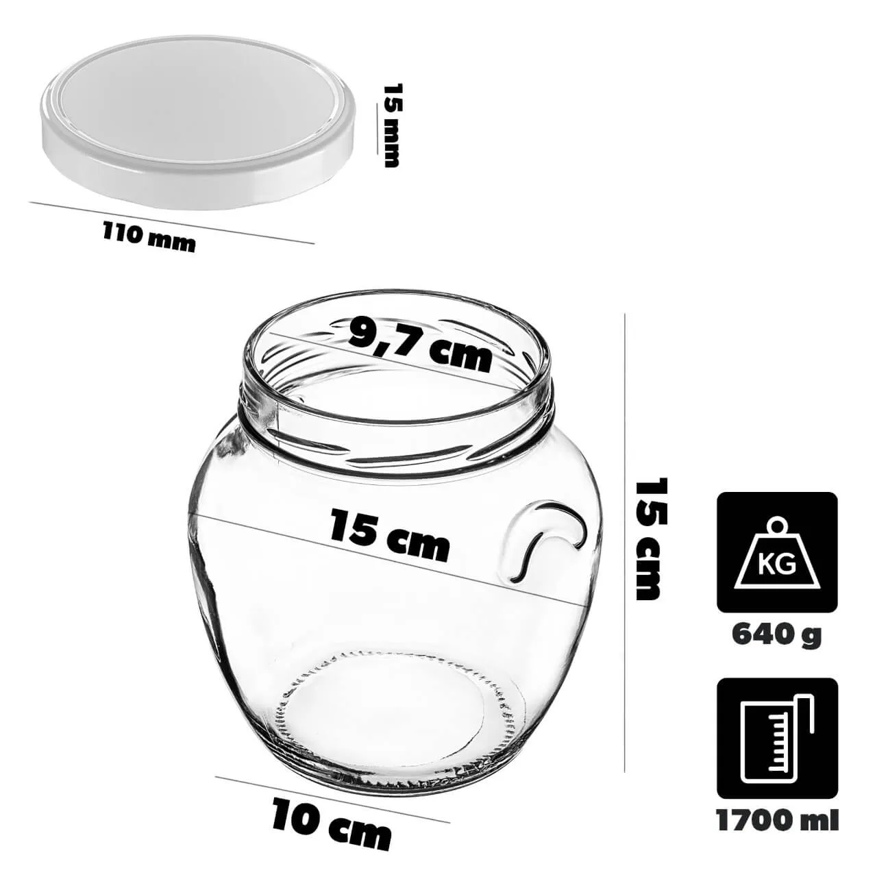 „Sassa“ konservavimo stiklainiai, 1700 ml, 6 vnt., 110 mm, + balti dangteliai