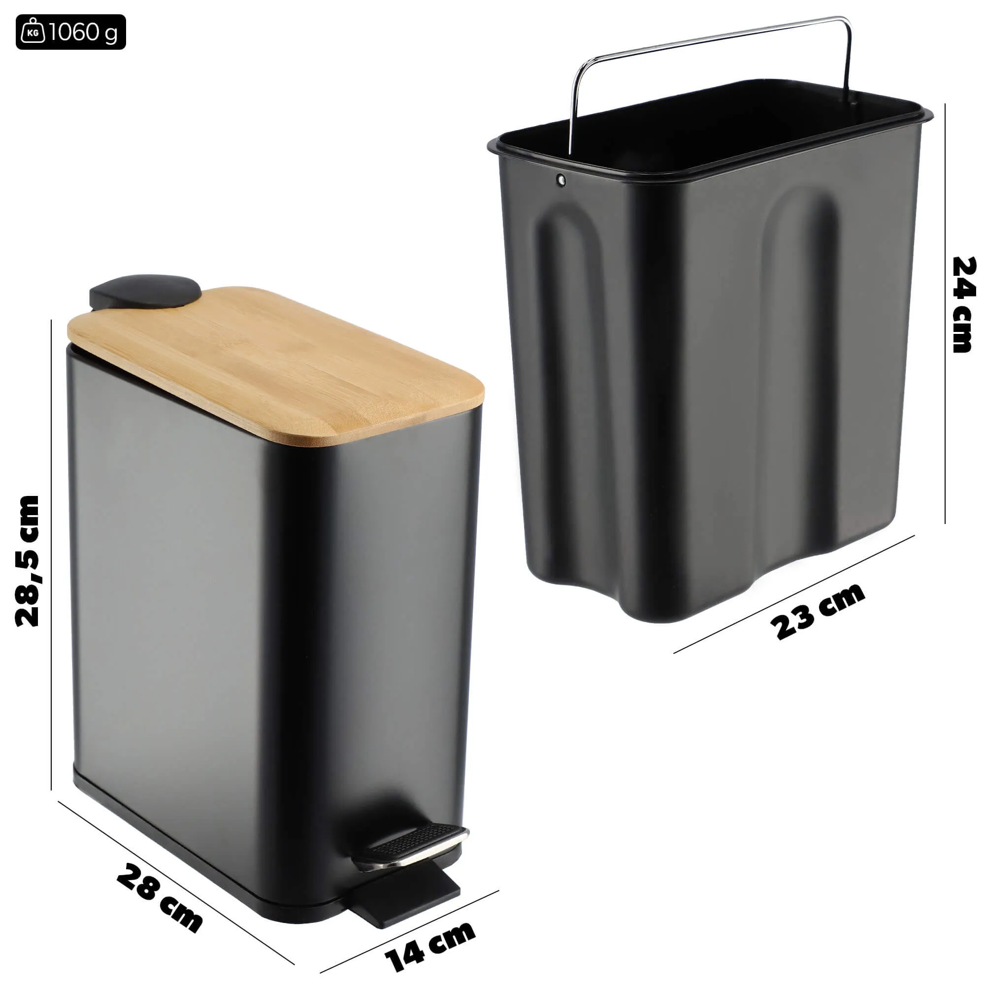 Šiukšliadėžė su bambukiniu dangčiu, 5 l, juoda