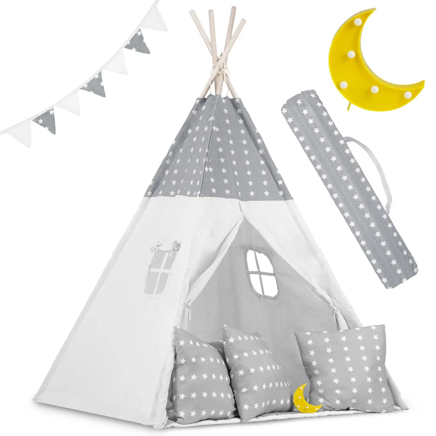 Vaikiška tipi palapinė su girlianda ir lemputėmis - šviesiai pilka su žvaigždutėmis - nuotrauka 1