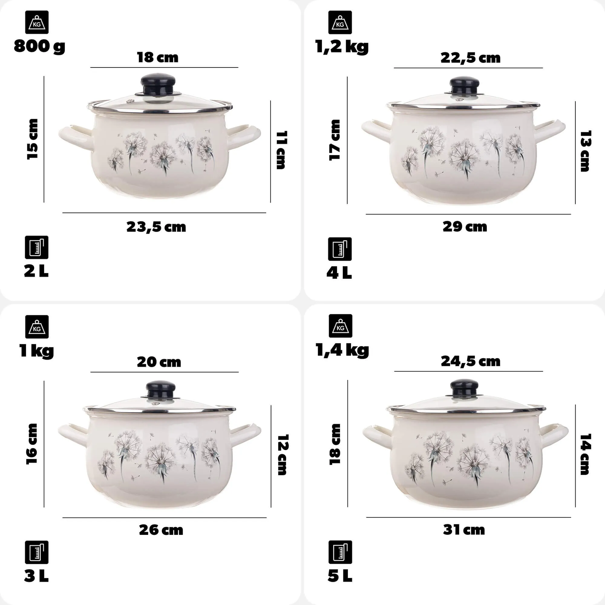 Pruno emalio puodų rinkinys 2L + 3L + 4L + 5L kiaulpienės