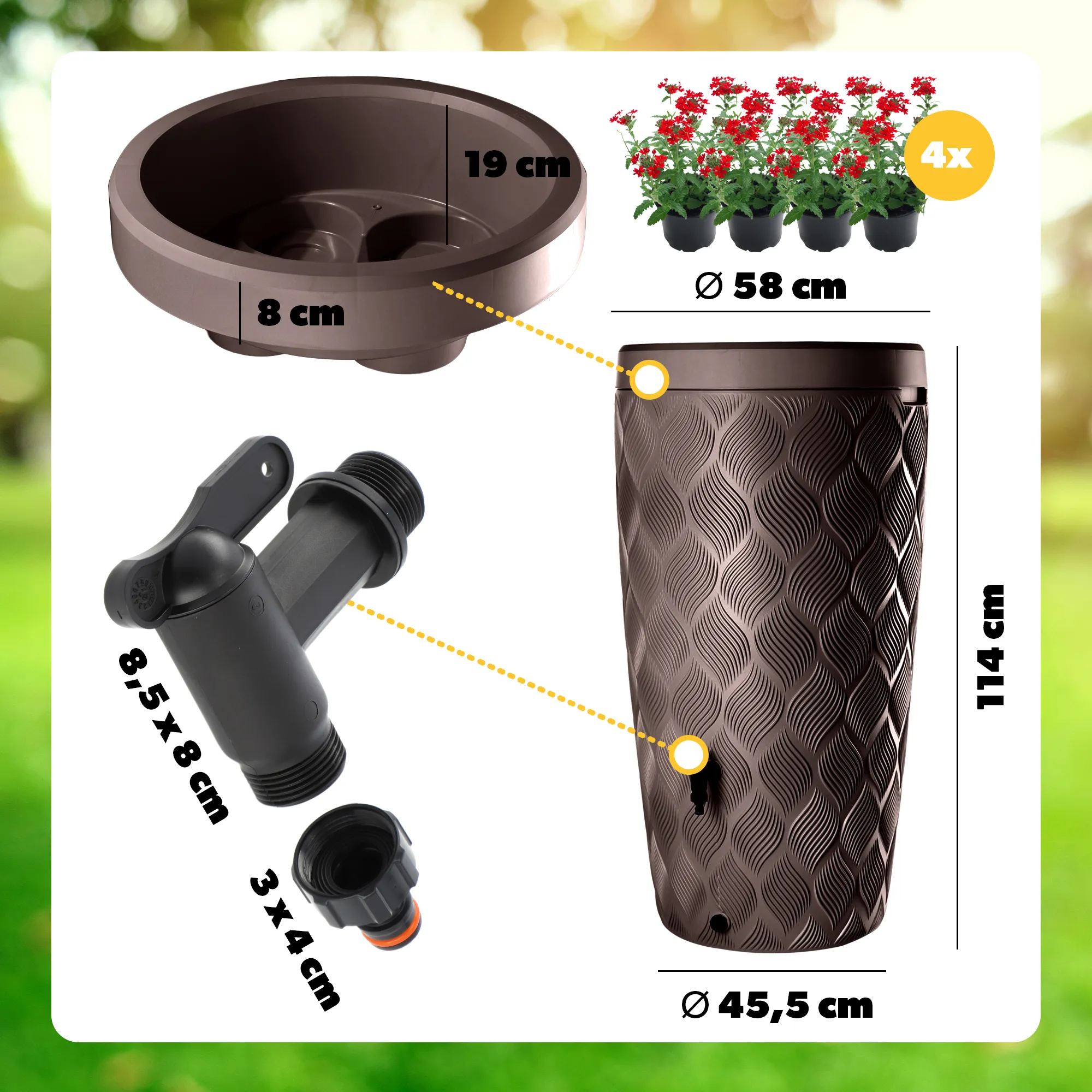 „Reveret“ 240 l lietaus vandens bakas su prijungimo komplektu, rudos bangos