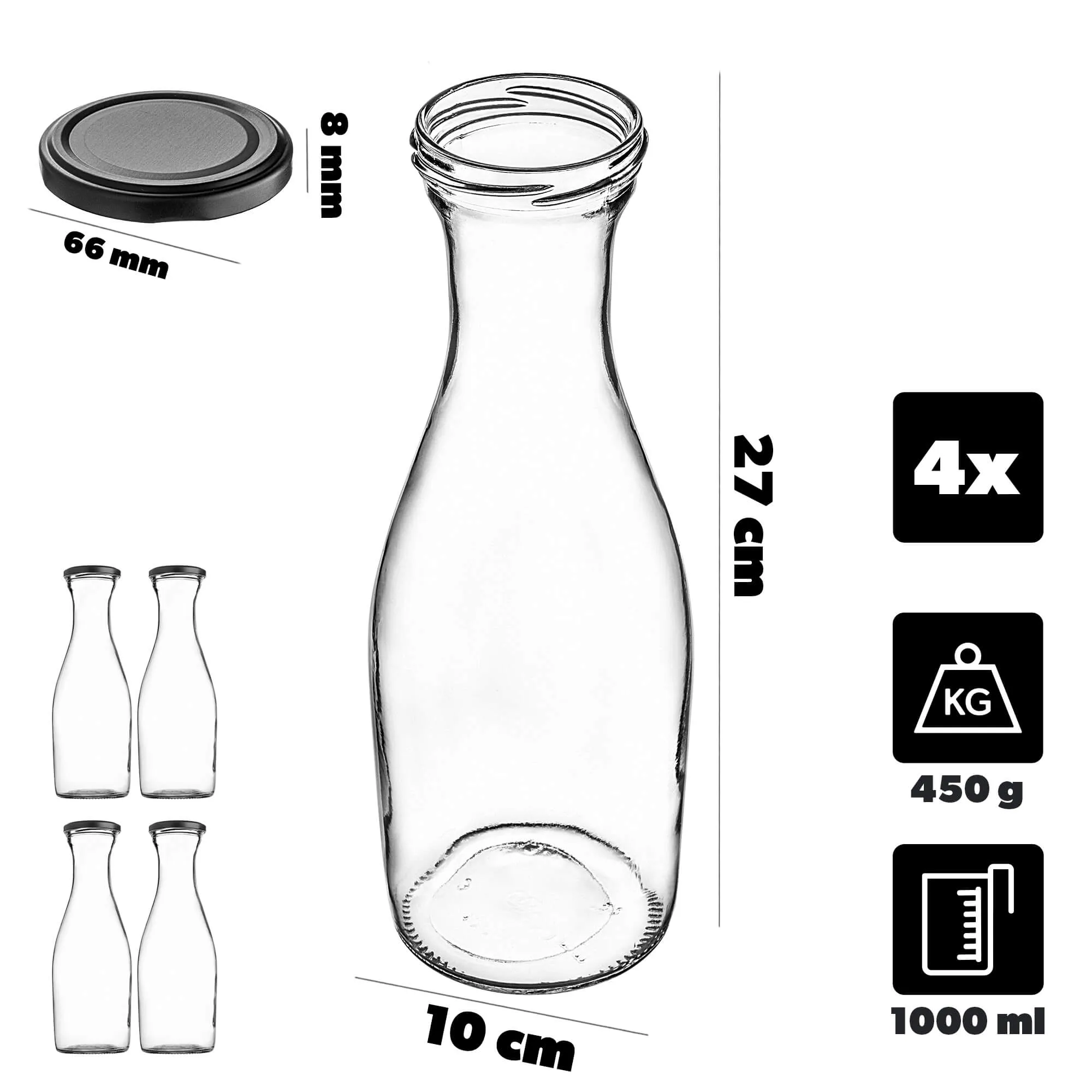 Valli 1 l stiklinis termosas su matiniu juodu dangteliu, 4 vnt.