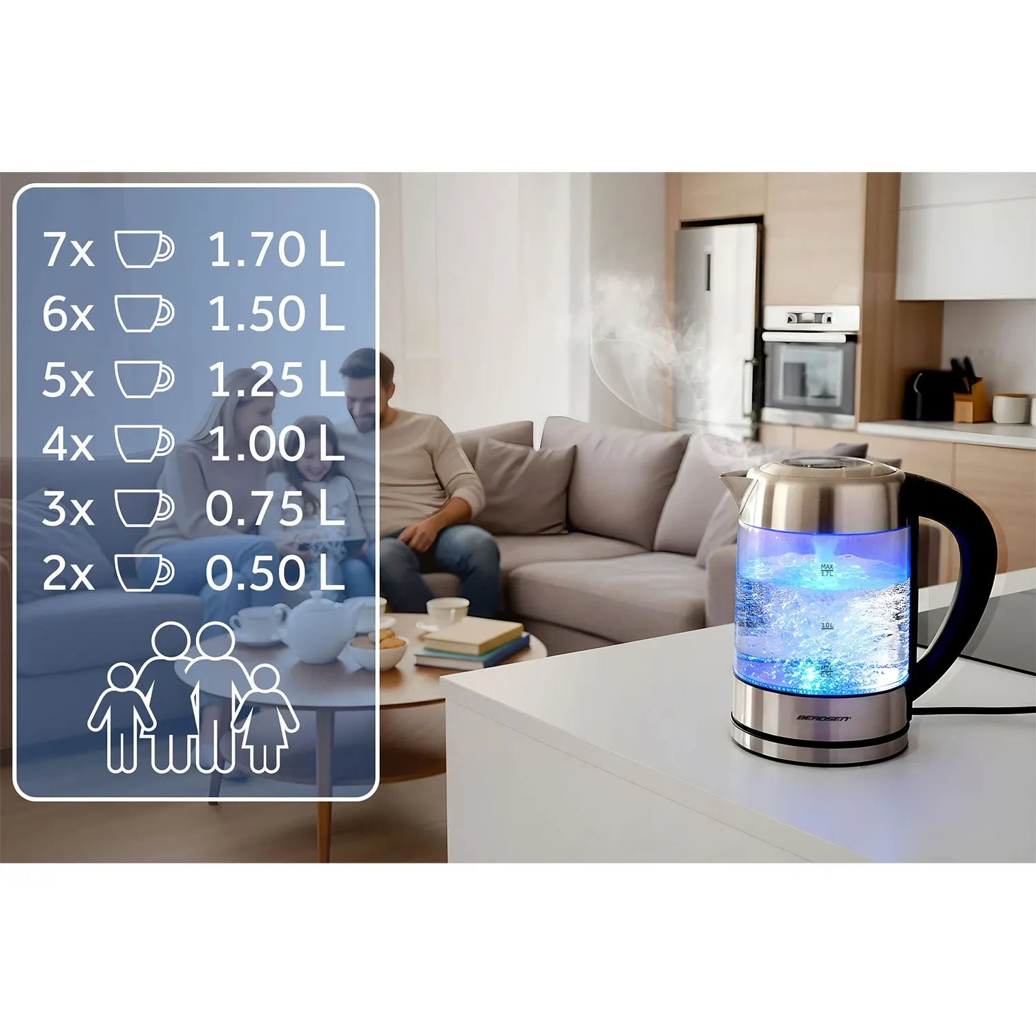 Elektrinis stiklinis virdulys su temperatūros reguliatoriumi 1,7 l 2200 W Berdsen BD-714 - nuotrauka 1