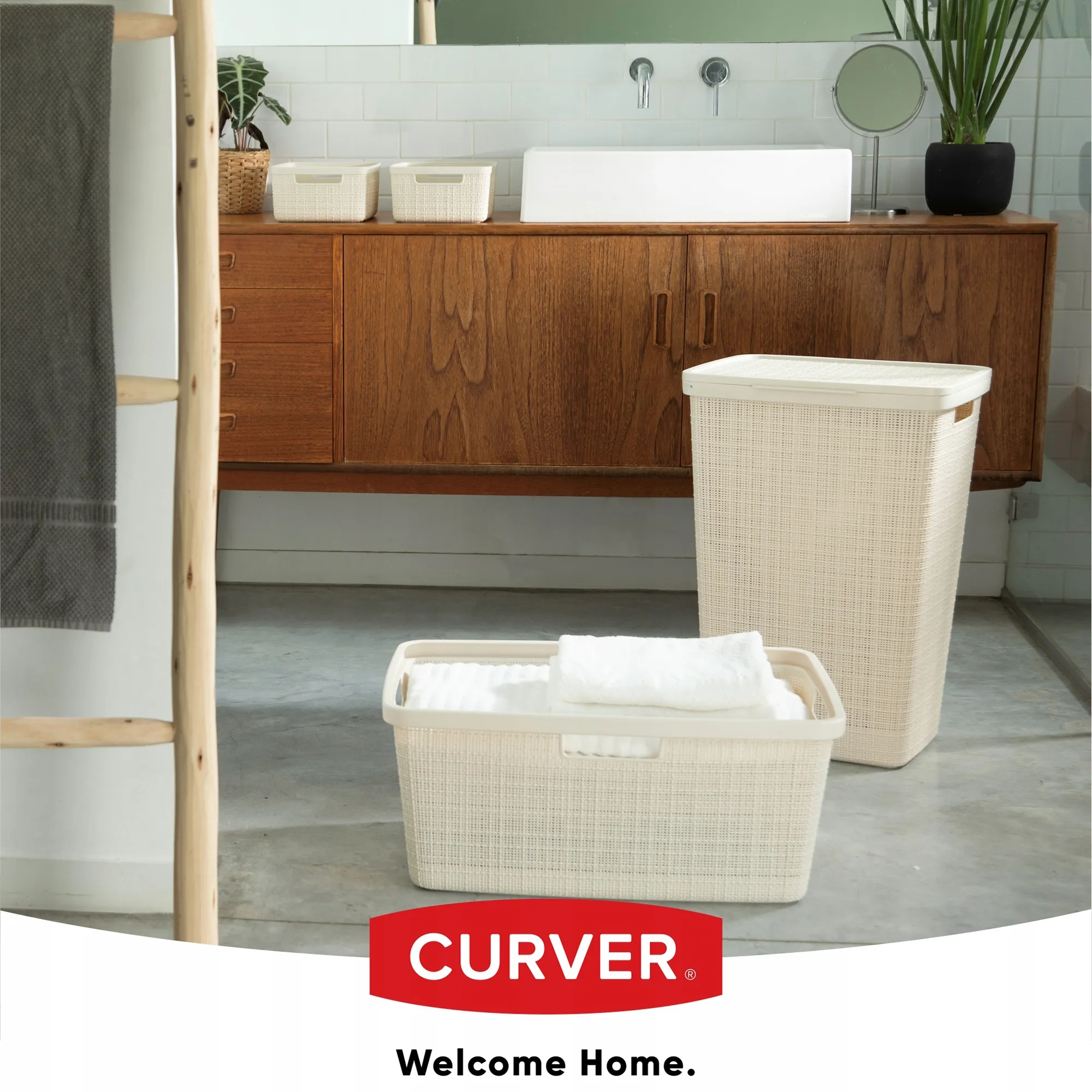 „Curver“ džiuto 58 l kreminės spalvos krepšelis su dangčiu