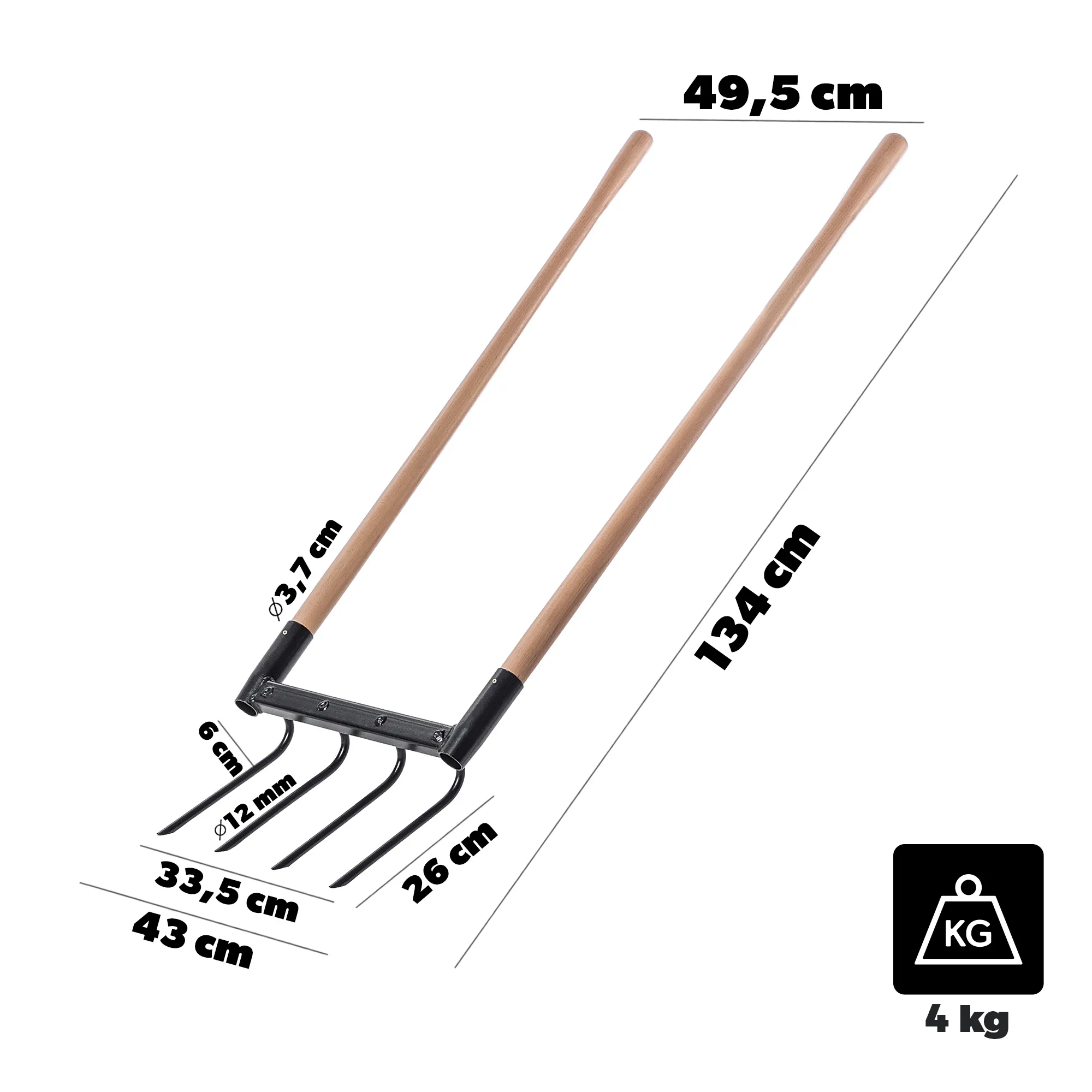 Sodo šakutė dirvos purenimui, 4 dalių, su rankenomis
