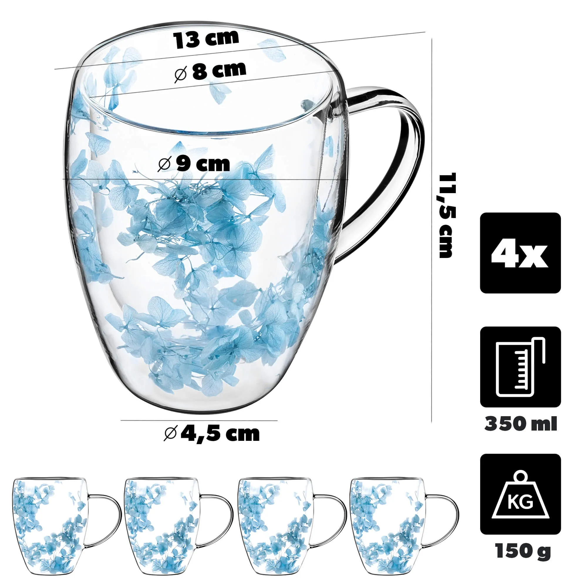 Terminis puodelis su gėlių motyvu „Riga“, 350 ml, mėlynas, 4 vnt.