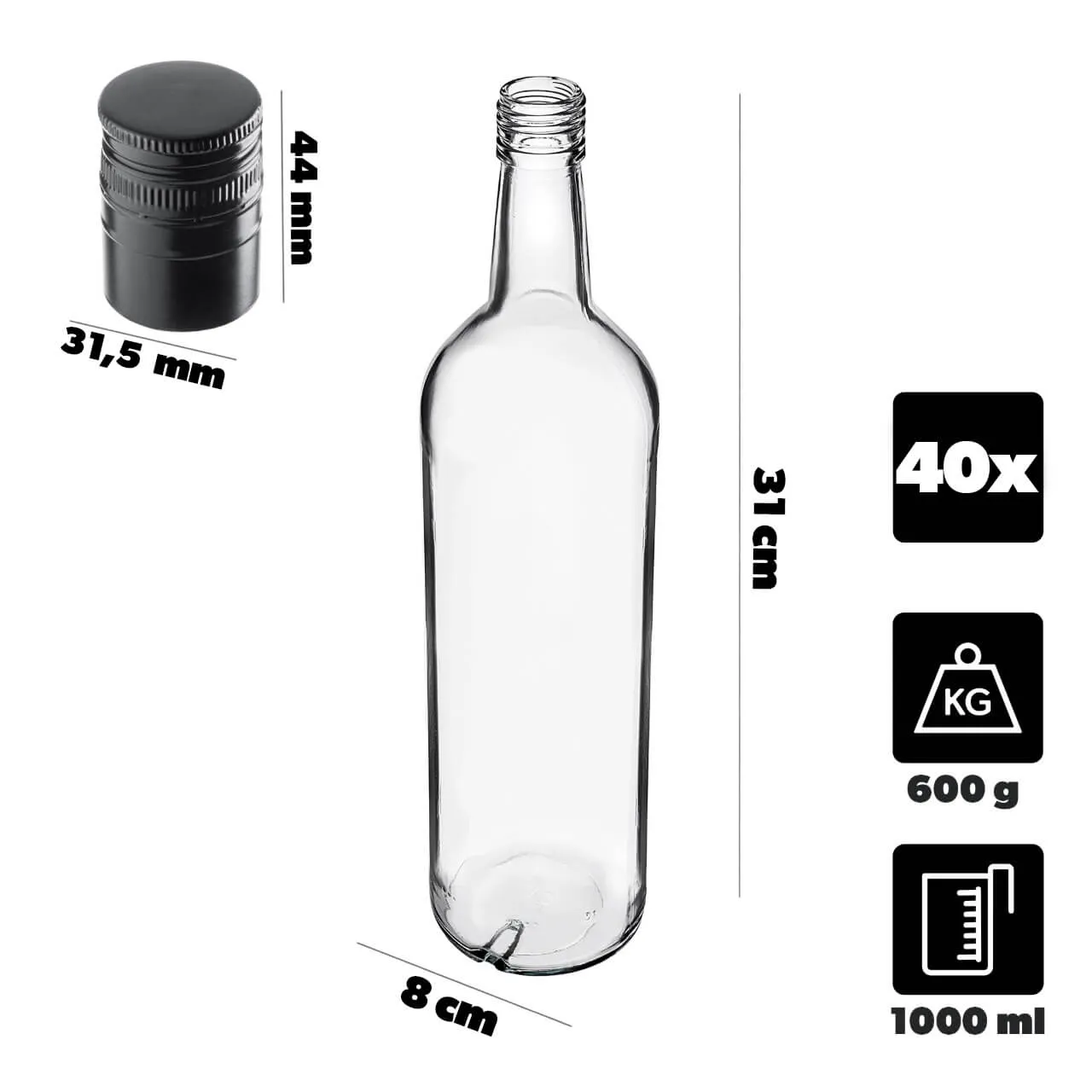 Monopol stikliniai buteliai 1000 ml su ilgu juodu dangteliu, 40 vnt.