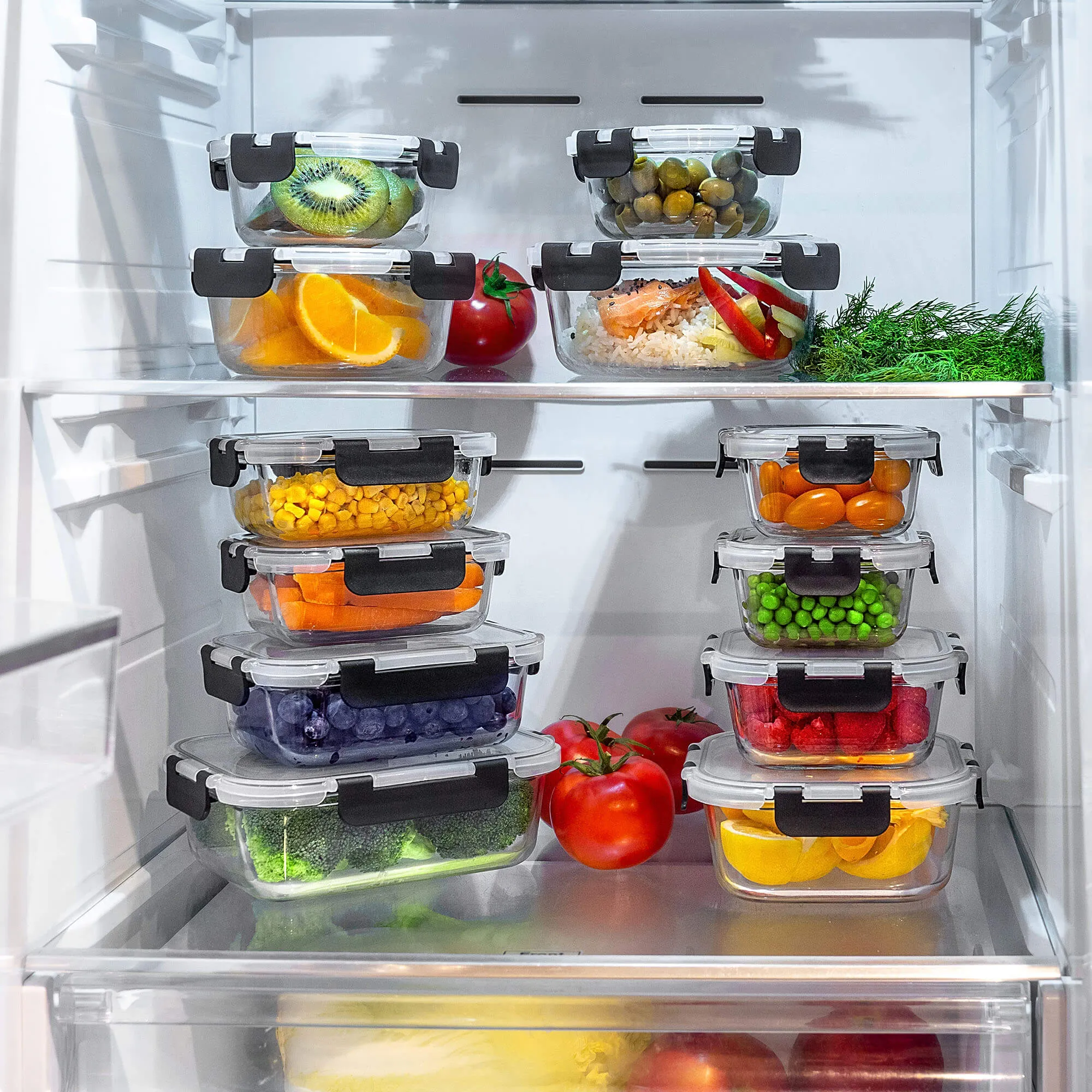 12 juodų Termoli stiklinių indelių su dangteliais rinkinys