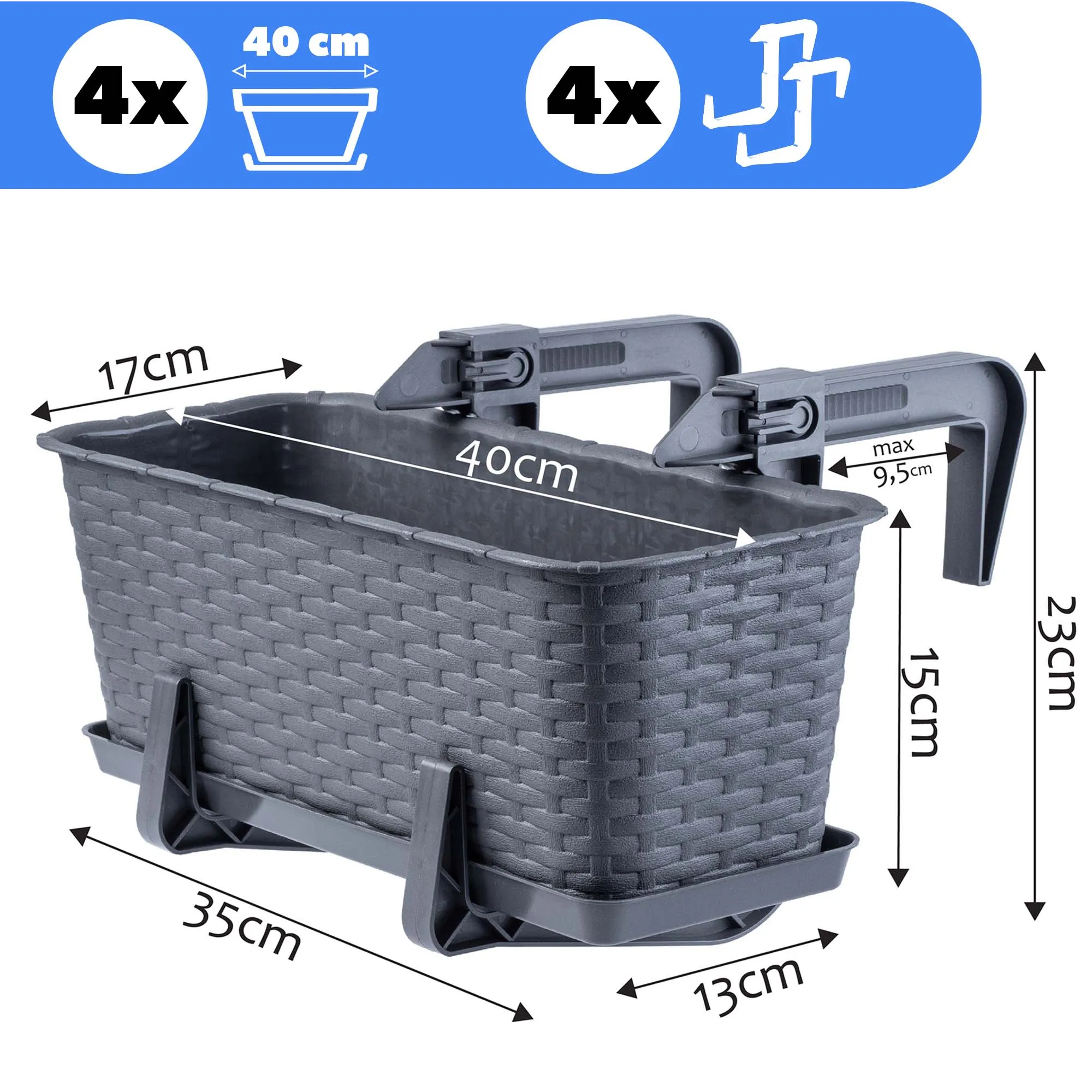 Balkono dėžė su rankenomis Castro grafito spalvos 40 cm