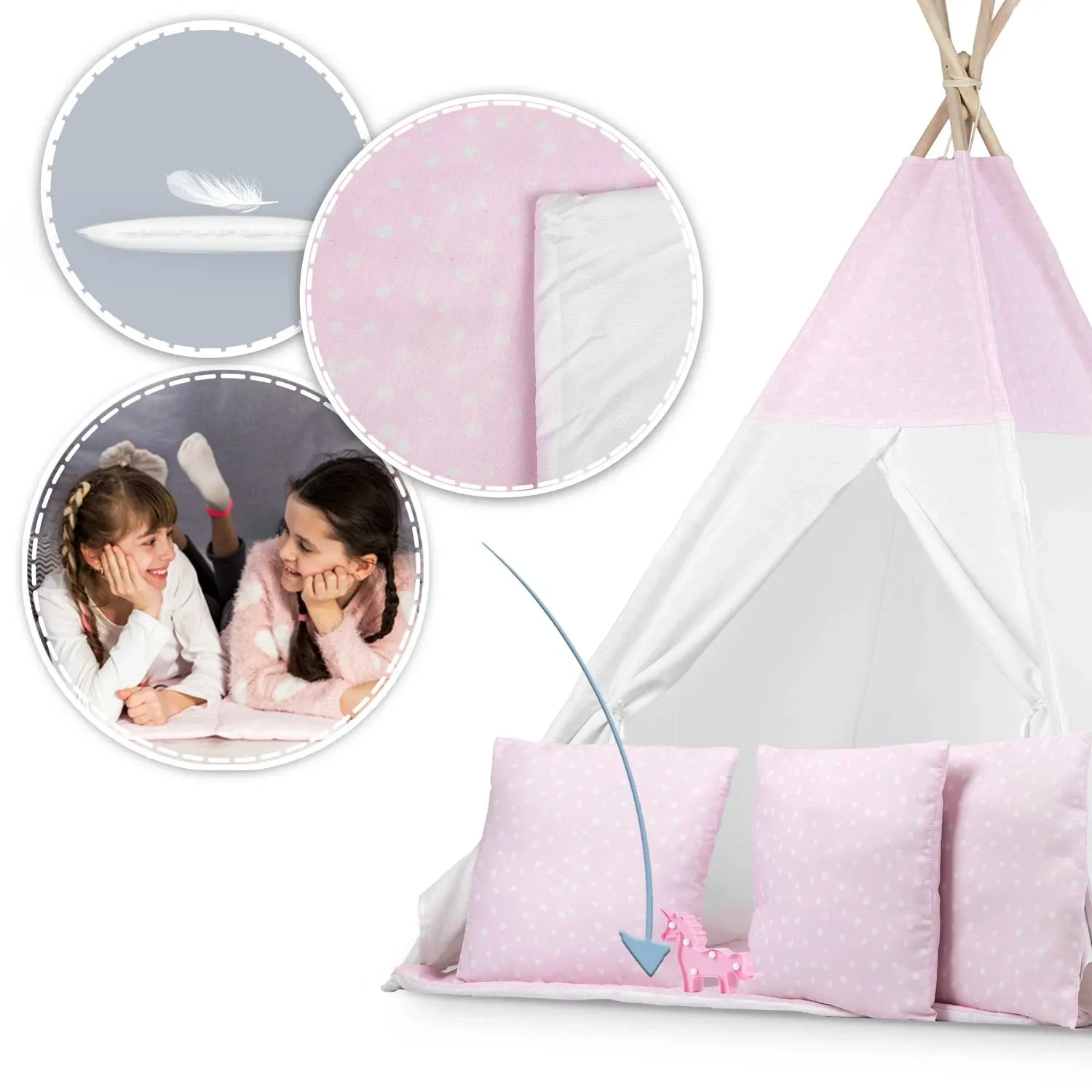 Vaikiška tipi palapinė su lemputėmis - rožinė su taškeliais - nuotrauka 1